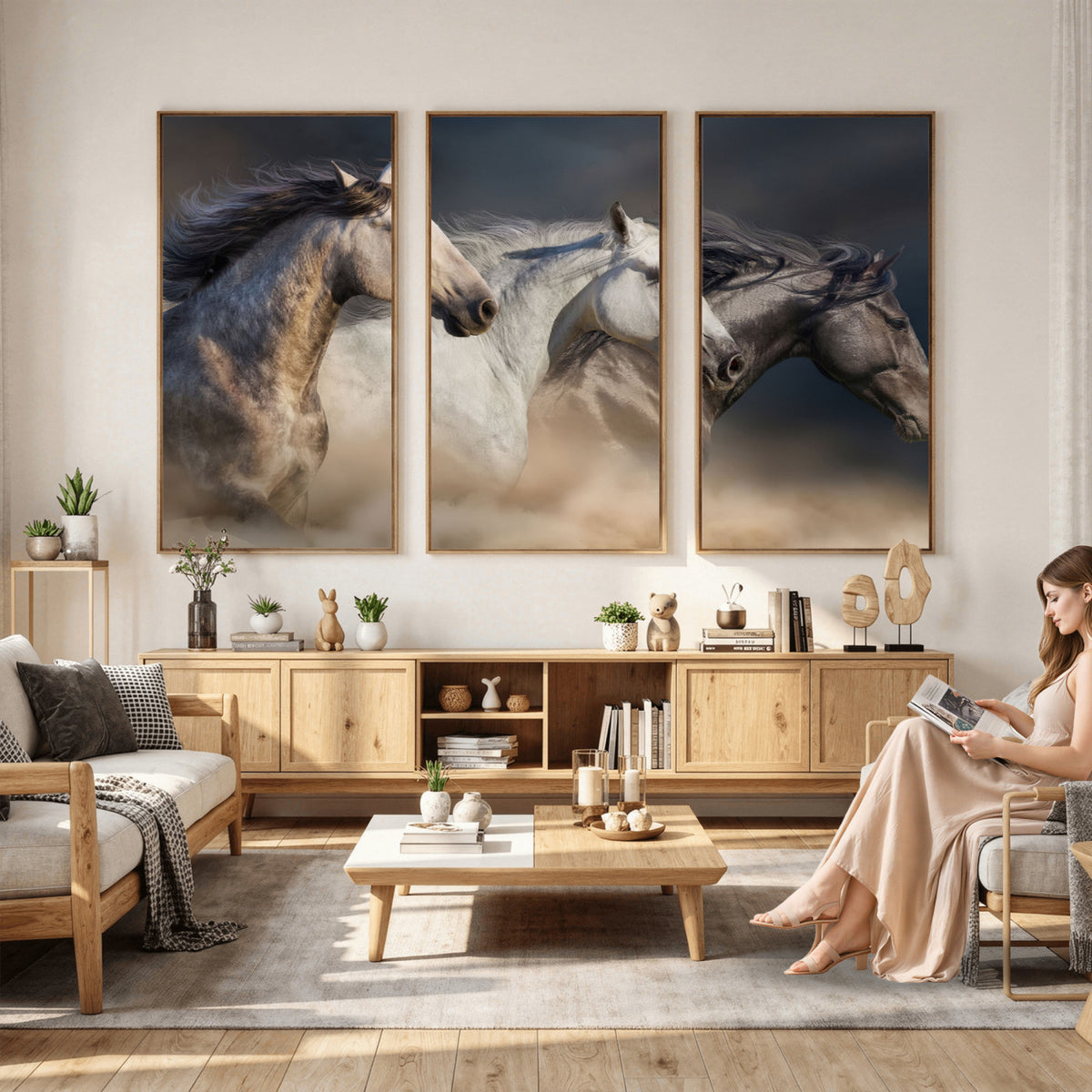 85088910-MGV-CV-36X24 - Three Wild Horses Galloping in Dust Storm Wall Art Canvas Print | Powerful Wildlife Fine Art