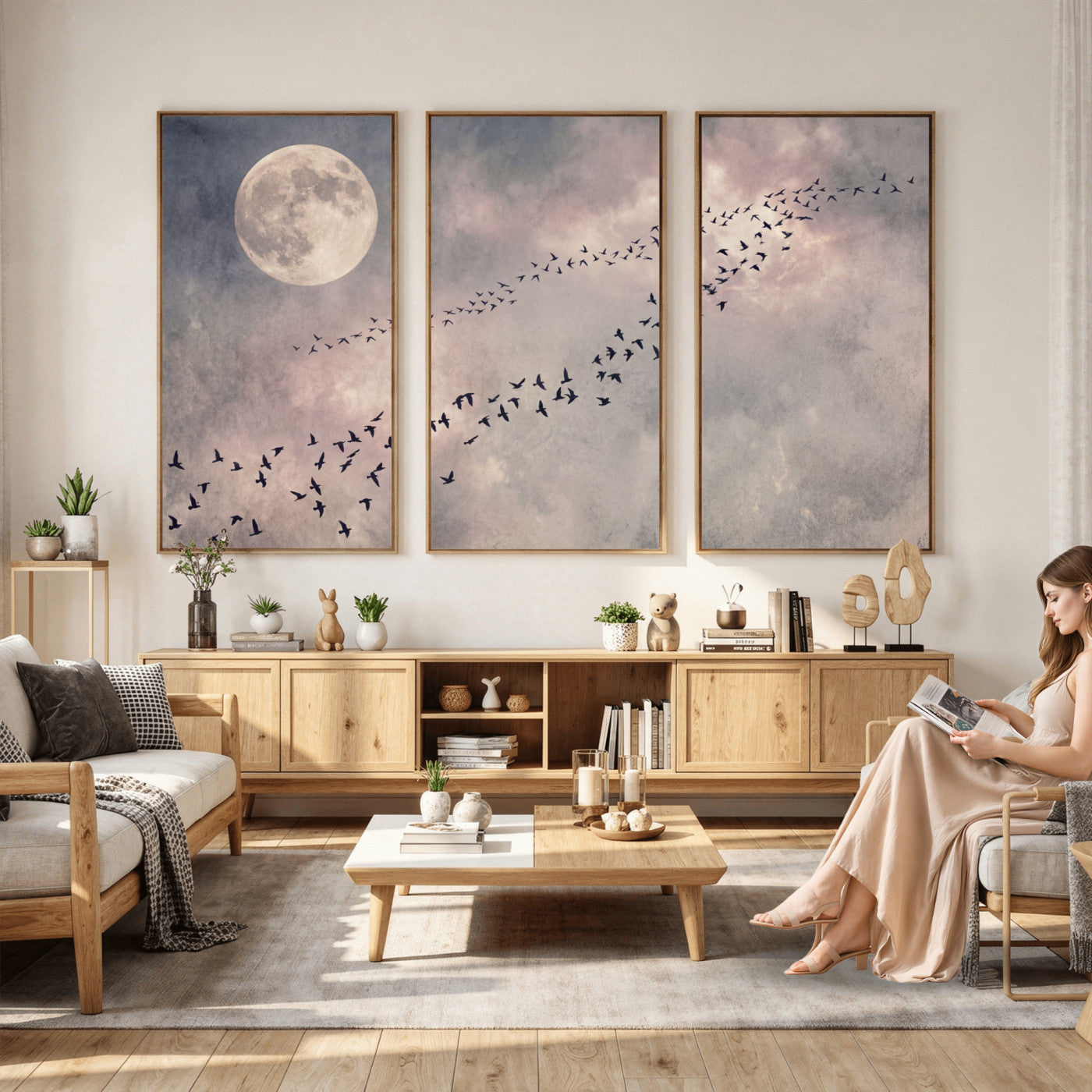52339590-MGV-CV-36X24 - Birds Flying to Moon Wall Art Canvas Print - Vintage Surreal Night Sky Sky Print