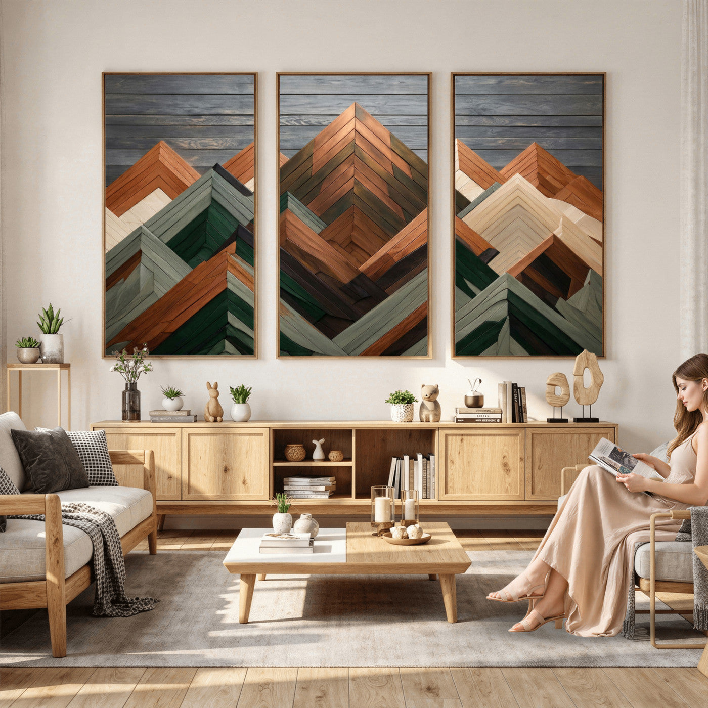 84617347-MGV-CV-36X24 - Geometric Wood Mountain Wall Art Canvas Print, 3D Look Rustic Mosaic Landscape Print