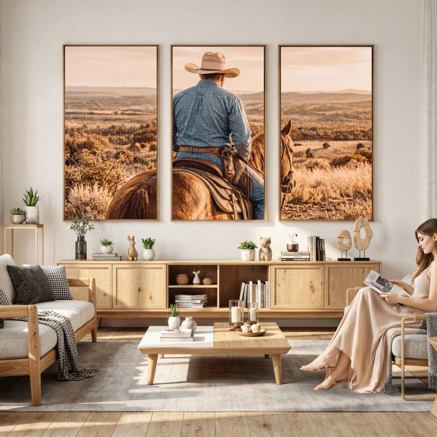 62076449-MGV-CV-36X24 - Texas Cowboy and Horse Print for Western Wall Art Decor for Farmhouse