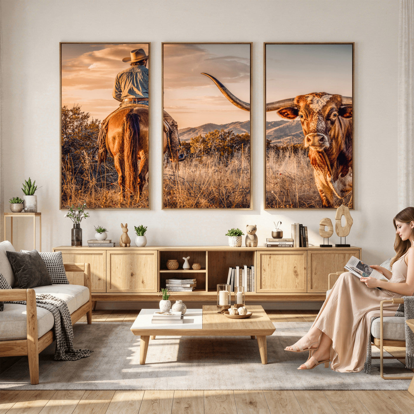 62076449C-MGV-CV-36X24 - Texas Cowboy and Longhorn Bull Print for Western Wall Art Decor for Farmhouse