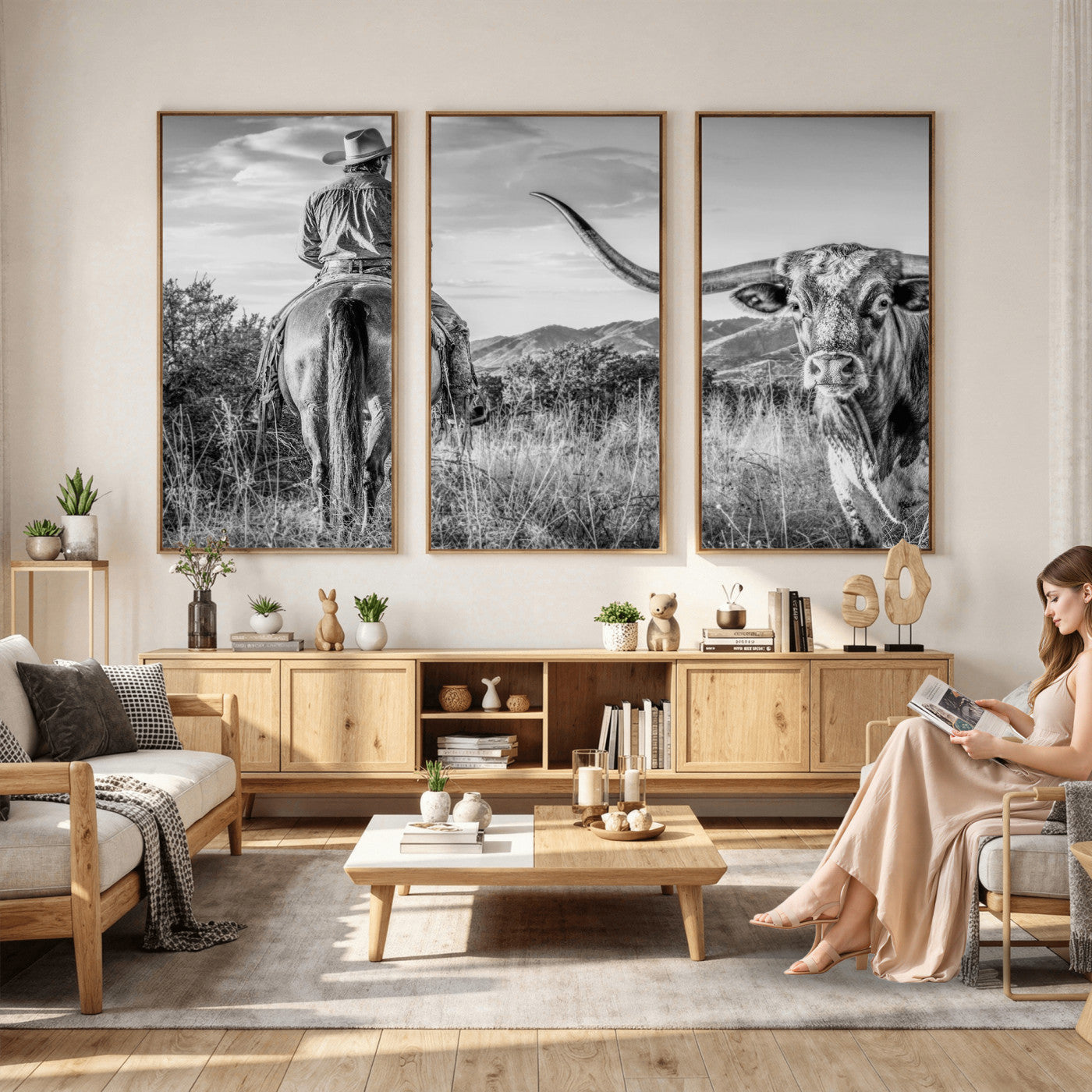 62076449WB-MGV-CV-36X24 - Texas Cowboy and Longhorn Bull Print for Western Wall Art Decor for Farmhouse