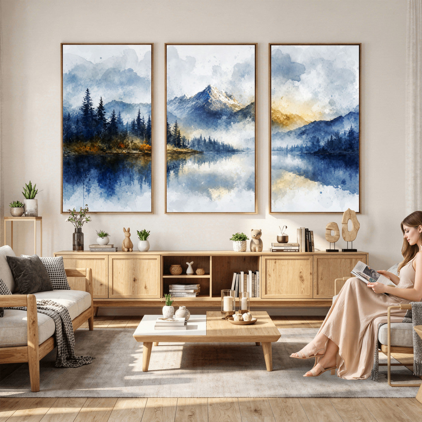62076449DG-MGV-CV-36X24 - Abstract Watercolor Mountain Lake Wall Art Print for Living Room Decor