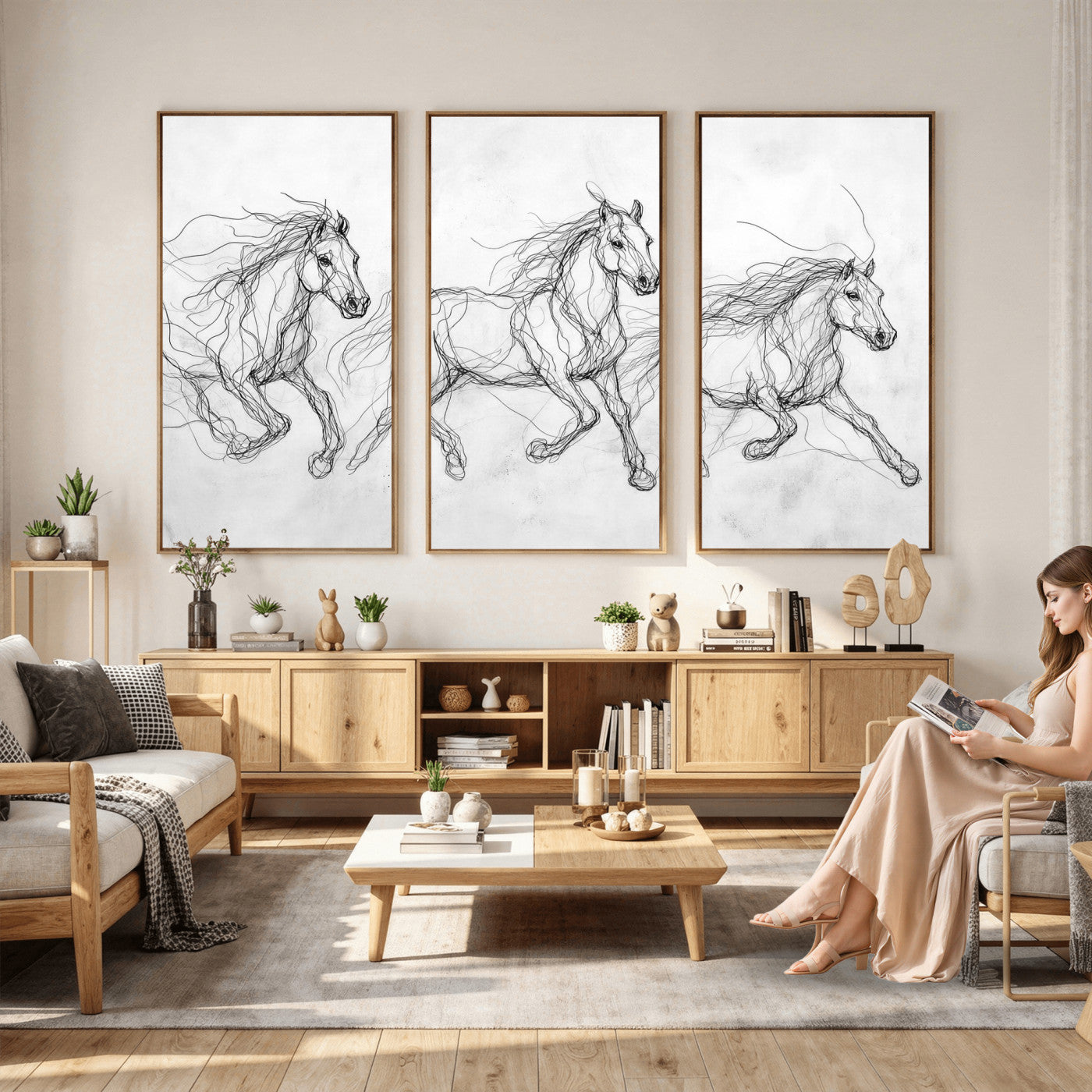 53600119-MGV-CV-36X24 - Monochrome Horse Canvas Wall Art, Black Ink Sketch Wild Horses Print, Minimalist Equestrian Artwork, Modern Abstract Line Decor, Urban Loft Gift