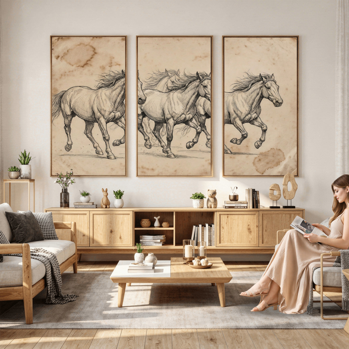 56046981-MGV-CV-36X24 - Sepia Wild Horses Canvas Art, Antique Pencil Drawing Print, Vintage Gallery Wall Decor, Rustic Equestrian Artwork, Traditional Den Gift