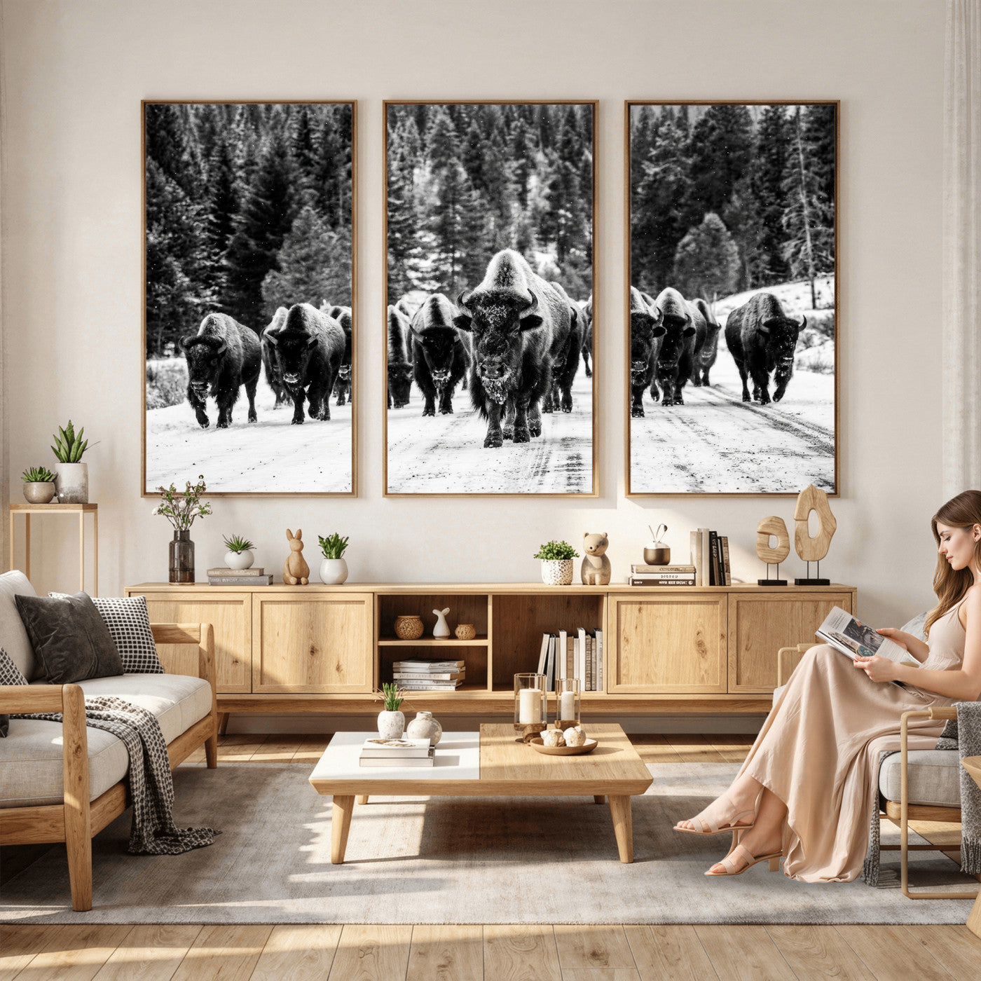 79337077-MGV-CV-36X24 - Black and White Bison Canvas Art, American Buffalo Print, Winter Wildlife Photography, Rustic Forest Wall Decor, Large Statement Nature Gift