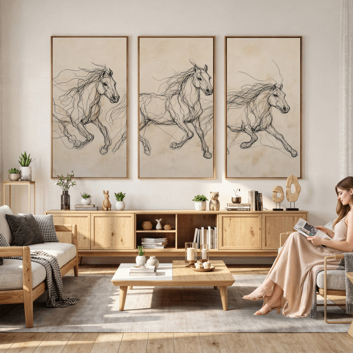 81051673-MGV-CV-36X24 - Abstract Horse Line Art Canvas, Gesture Sketch Wild Horses Print, Modern Scribble Artwork, Minimalist Equine Wall Decor, Rustic Studio Gift