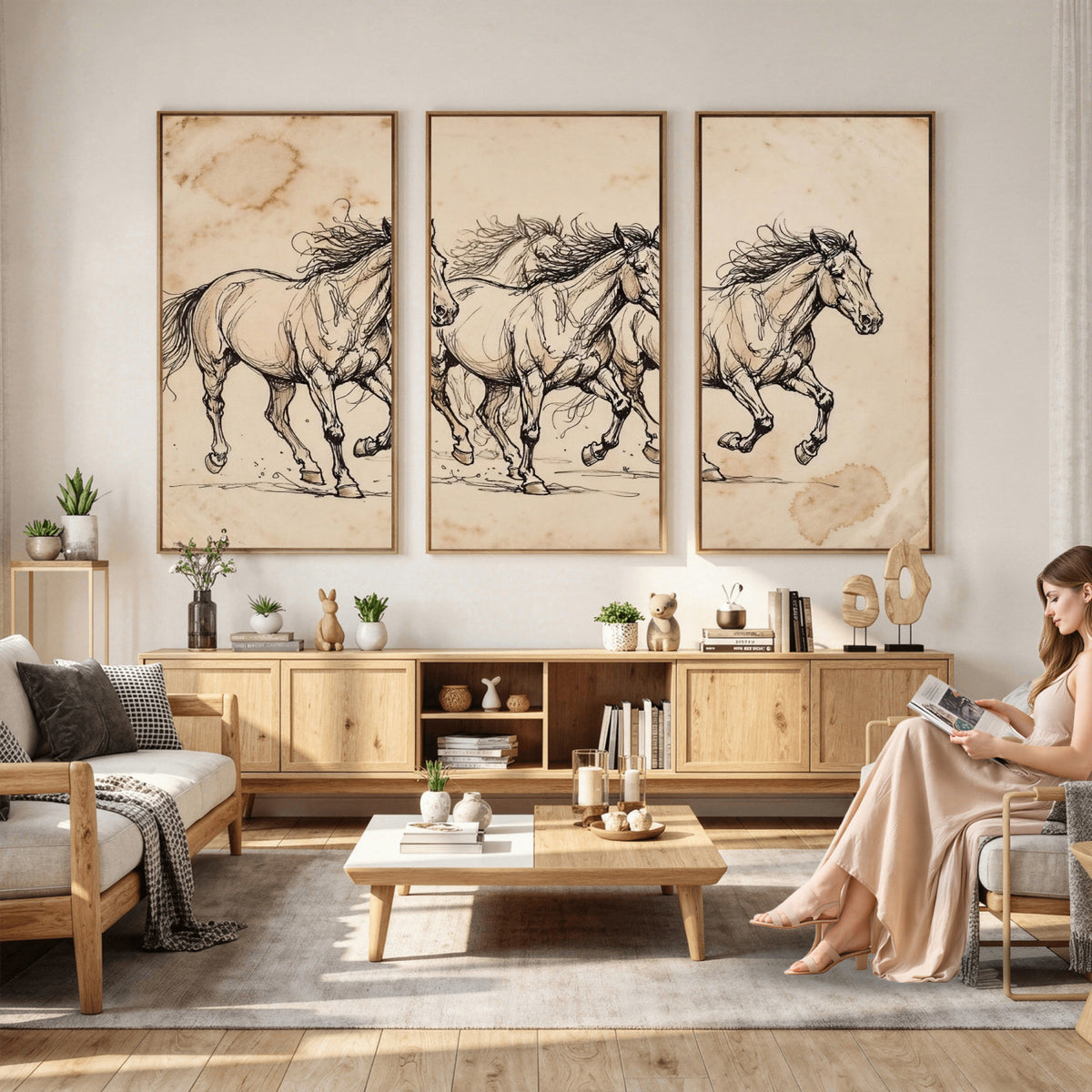 18242163-MGV-CV-36X24 - Vintage Horse Sketch Canvas Wall Art, Wild Horses Pencil Drawing Print, Antique Parchment Western Decor, Equine Sketching, Country Manor Gift