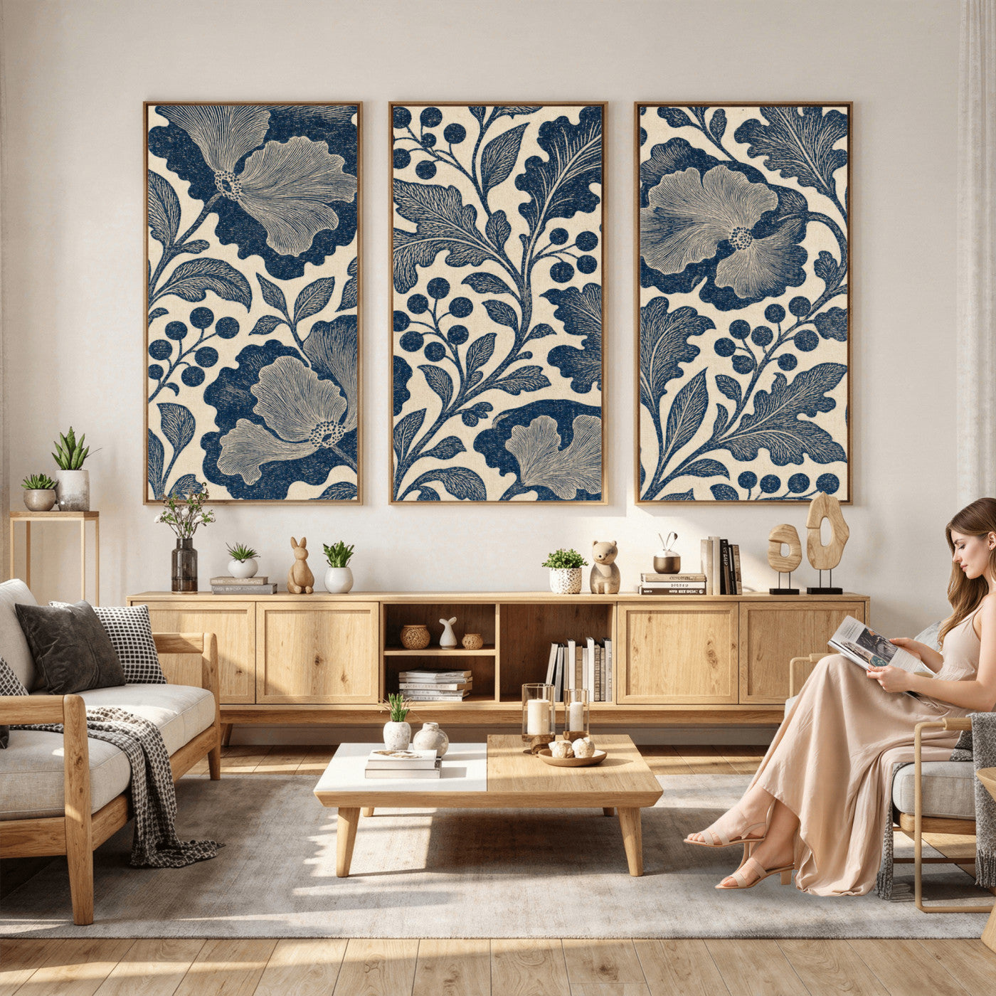 23824002-MGV-CV-36X24 - William Morris Style Navy Blue Floral Wall Art Canvas Print, Vintage Cream Botanical Painting Print