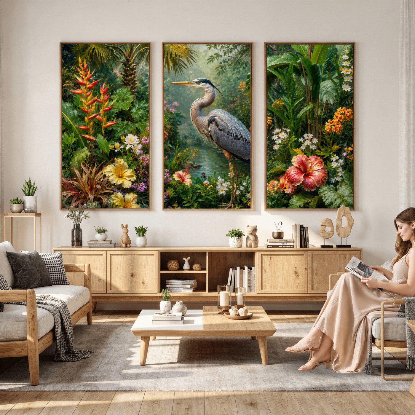 81059387-MGV-CV-36X24 - Great Blue Heron Tropical Jungle Wall Art Canvas Print, Exotic Botanical Garden Painting Print