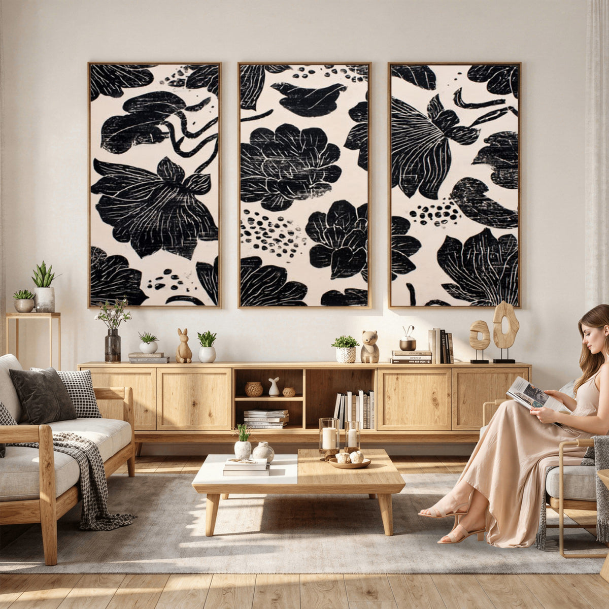 81787117-MGV-CV-36X24 - Linocut Black Lotus Floral Wall Art Canvas Print, Vintage Monochrome Botanical Painting Print