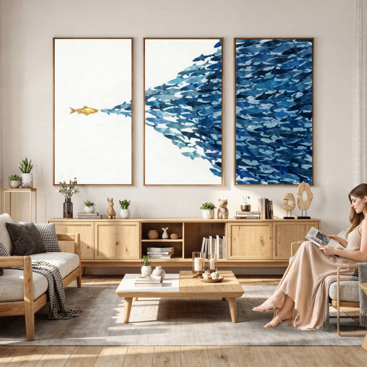 79089639-MGV-CV-36X24 - Abstract Blue Fish School Canvas Wall Art, Gold Foil Accent Marine Print