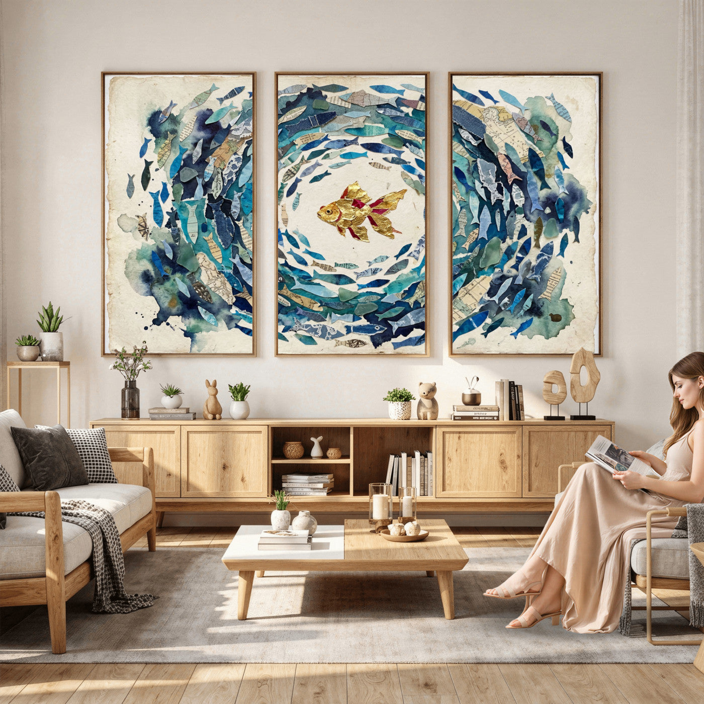 73165663-MGV-CV-36X24 - Mixed Media Blue Fish Swirl Canvas Wall Art, Goldfish Collage Ocean Print
