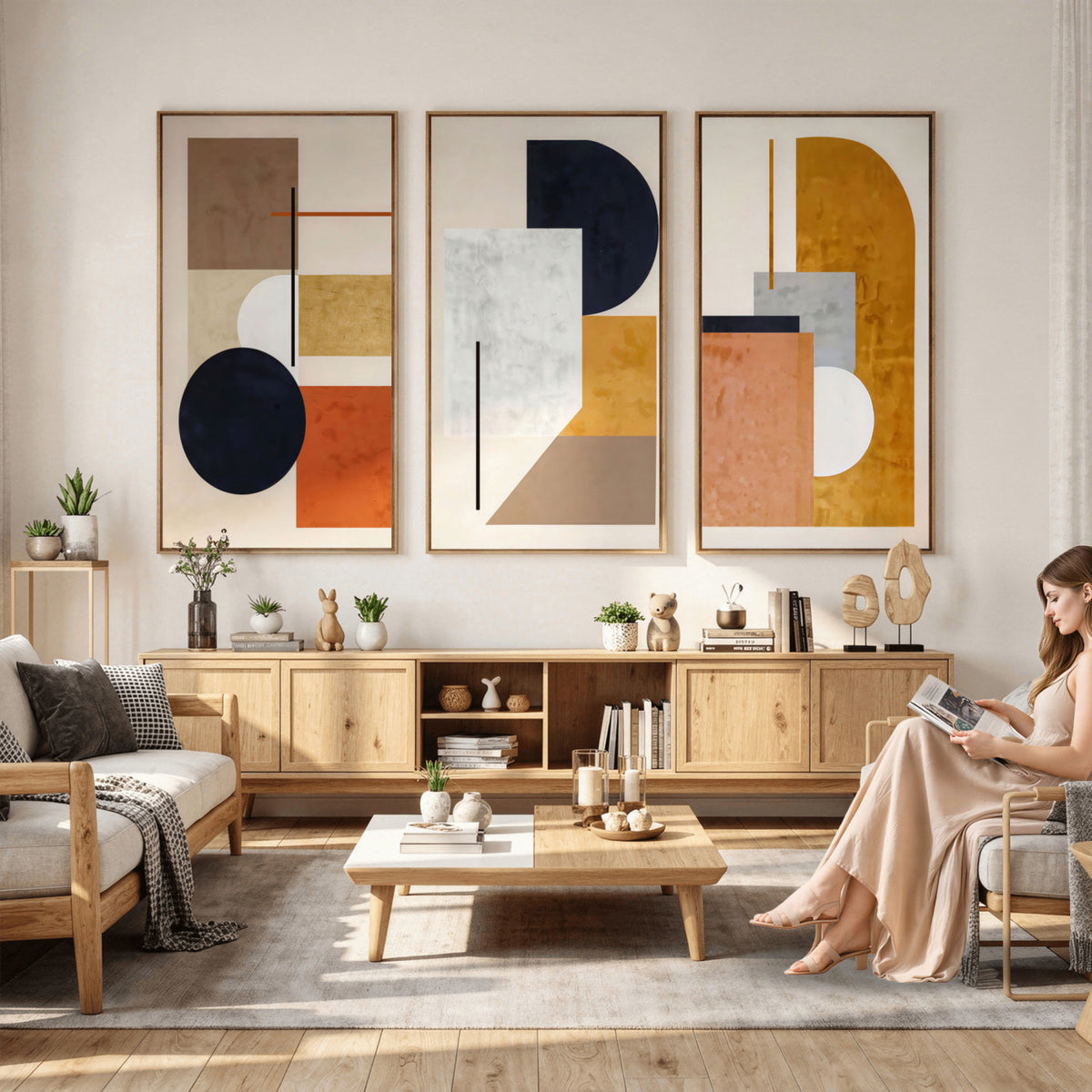 87361249-MGV-CV-48X32-3P - Mid Century Modern Geometric Canvas Wall Art, Abstract Triptych Print