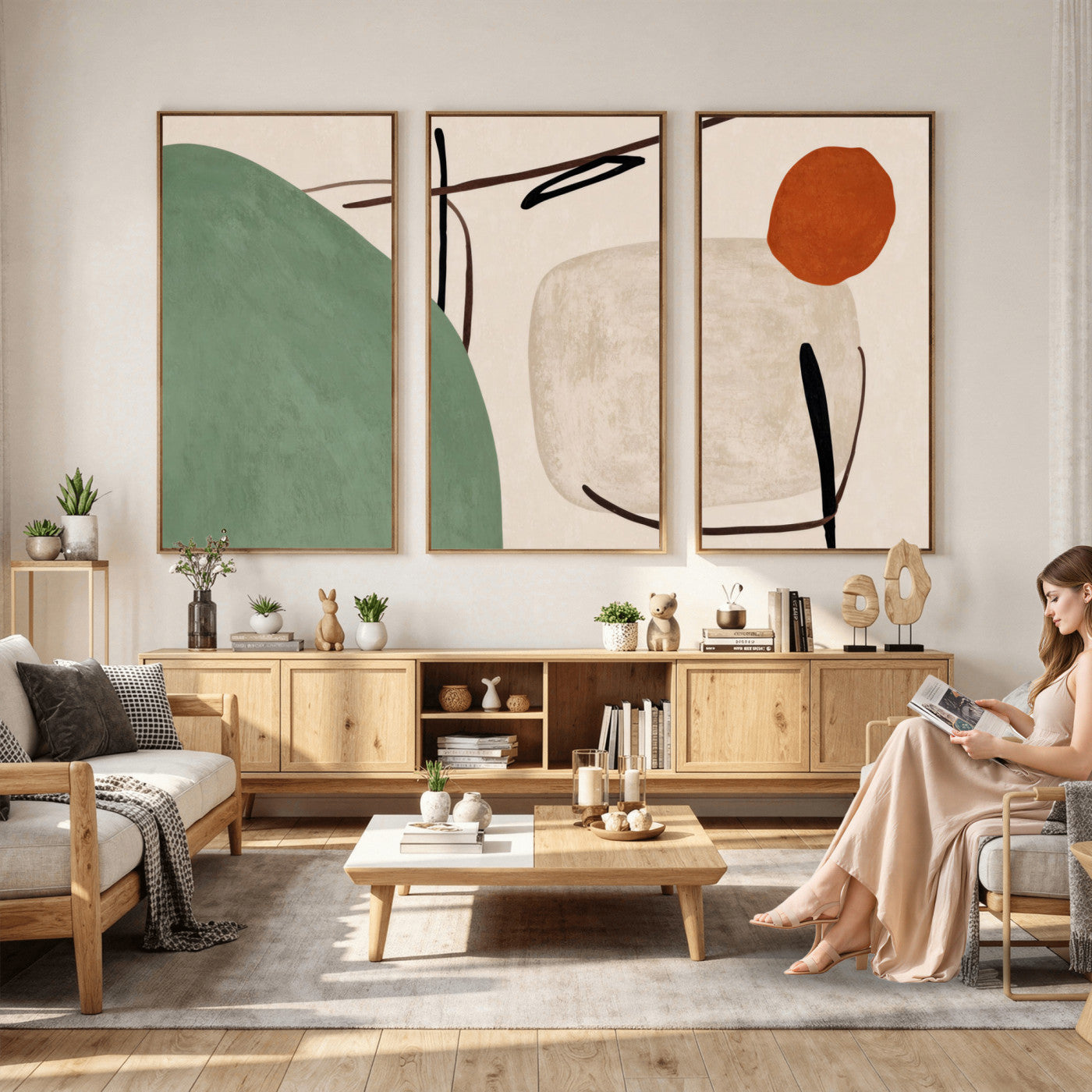 46798824-MGV-CV-48X32-3P - Mid Century Modern Geometric Canvas Wall Art, Abstract Triptych Print