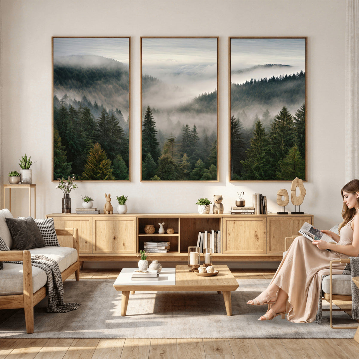 38409495-_Poster-30x20 - Misty Pine Valley Mountain Canvas Print 3 Piece Framed Wall Art Extra Large Floating Frame Nature Poster Made in USA