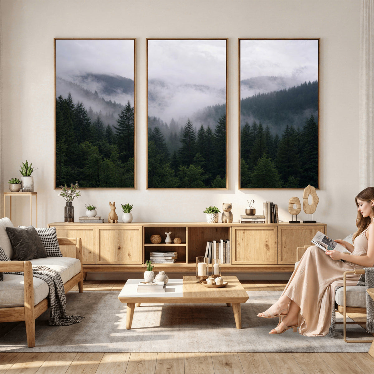 25432119-_Poster-30x20 - Misty Mountain Pine Forest Canvas Print 3 Piece Framed Wall Art Extra Large Floating Frame Nature Poster Made in USA