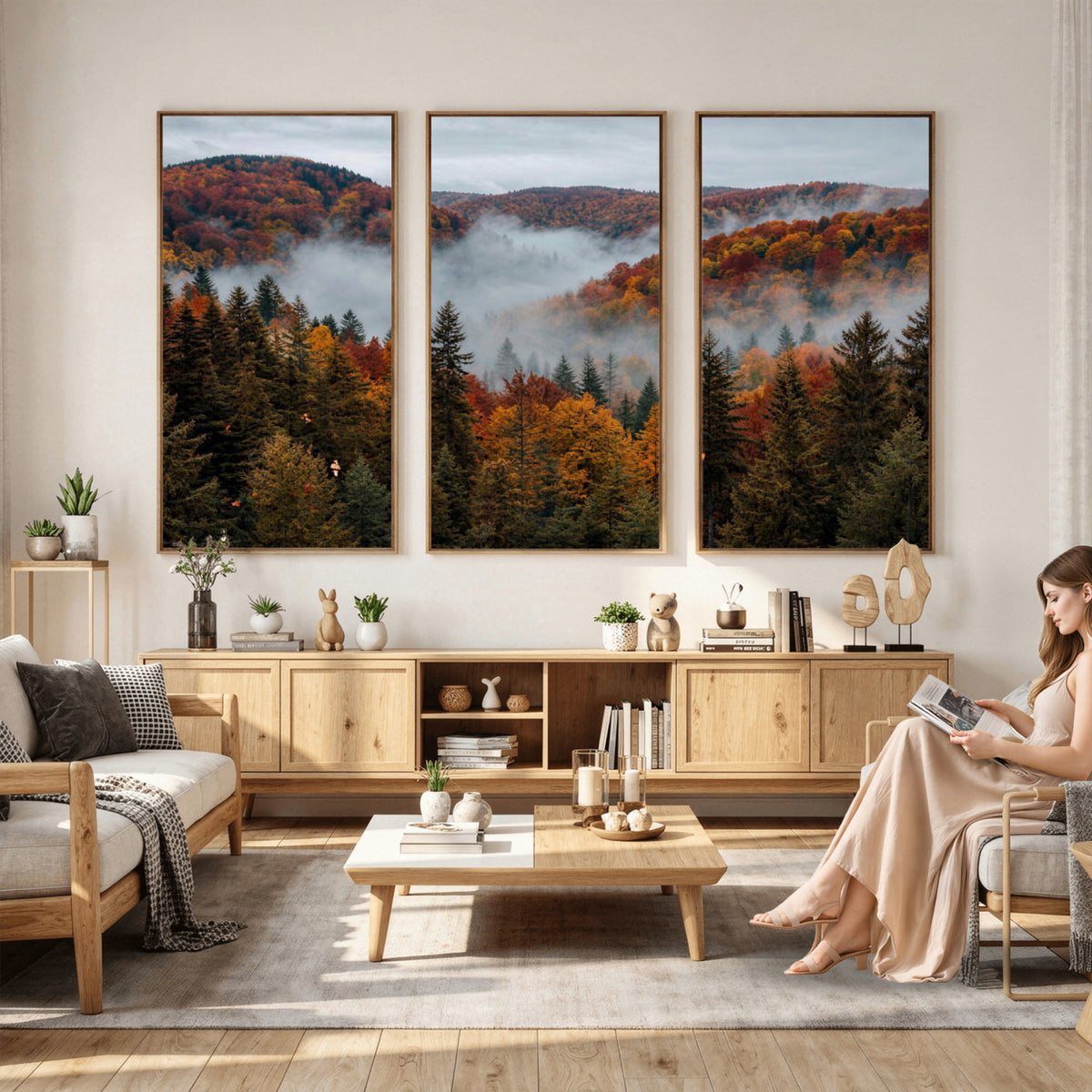 26686263-_Poster-30x20 - Misty Autumn Forest Mountain Canvas Print 3 Panel Wall Art Gallery Wrapped Floating Frame Poster Made in USA