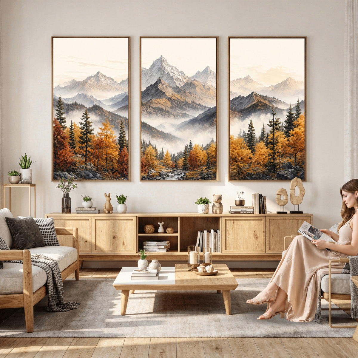 21309099-MGV-TP-30X20 - Extra Large Misty Mountain Autumn Forest Canvas Wall Art - Watercolor Fall Nature Landscape Print