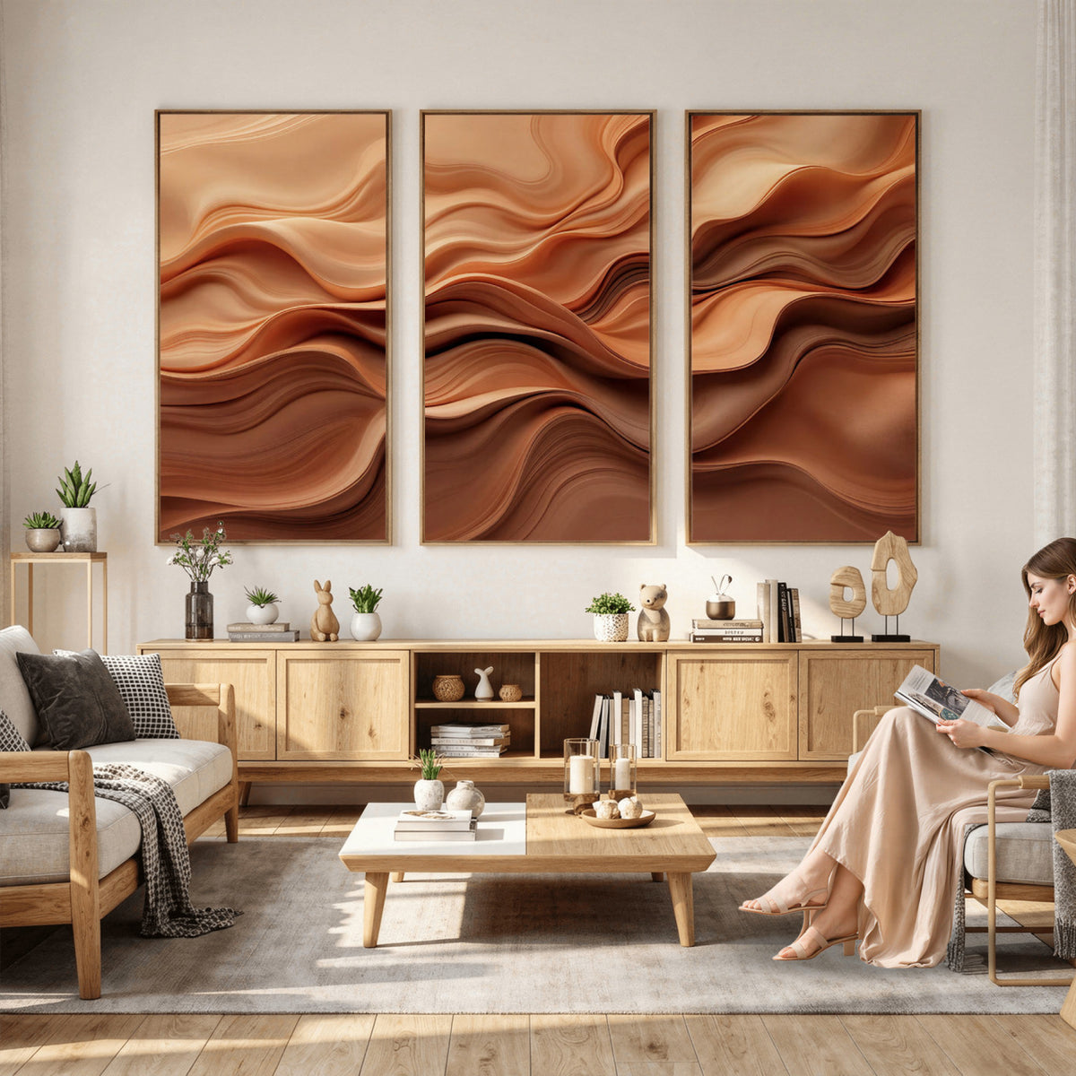 82230697-MGV-CV-36X24 - Modern Abstract Fluid Waves Canvas Wall Art - Minimalist Warm Terracotta Beige Sand Print
