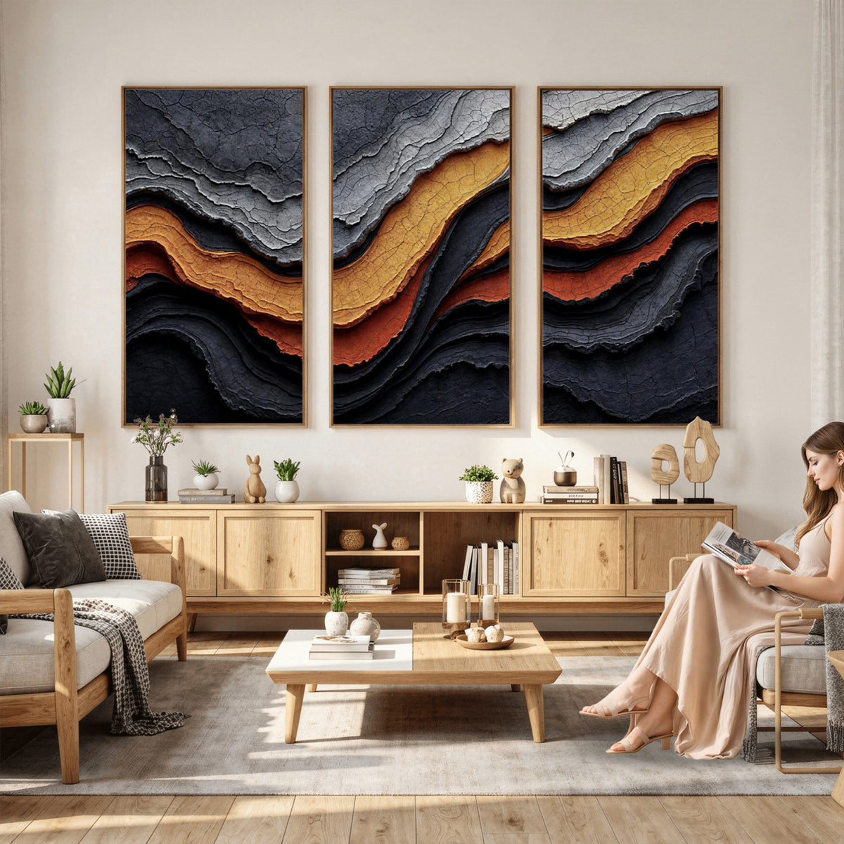 59852489-MGV-CV-36X24 - Abstract Waves Canvas Wall Art - Modern Terracotta and Charcoal Gray Print