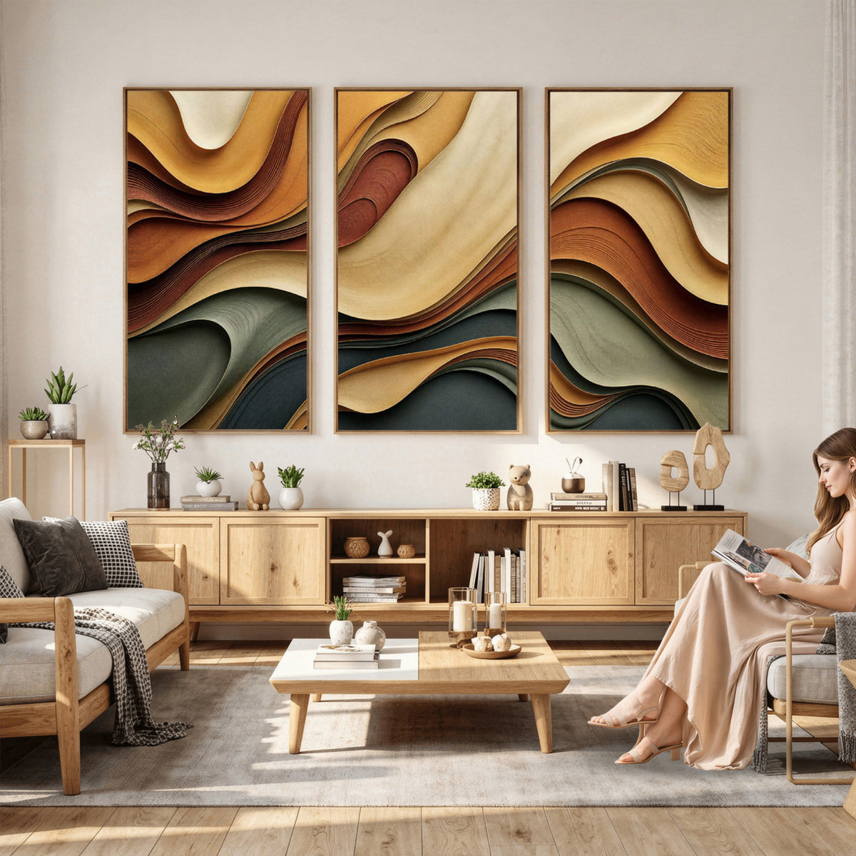 19337902-MGV-CV-36X24 - Modern Abstract Waves Canvas Wall Art - Minimalist Earthy Tone Living Room Decor
