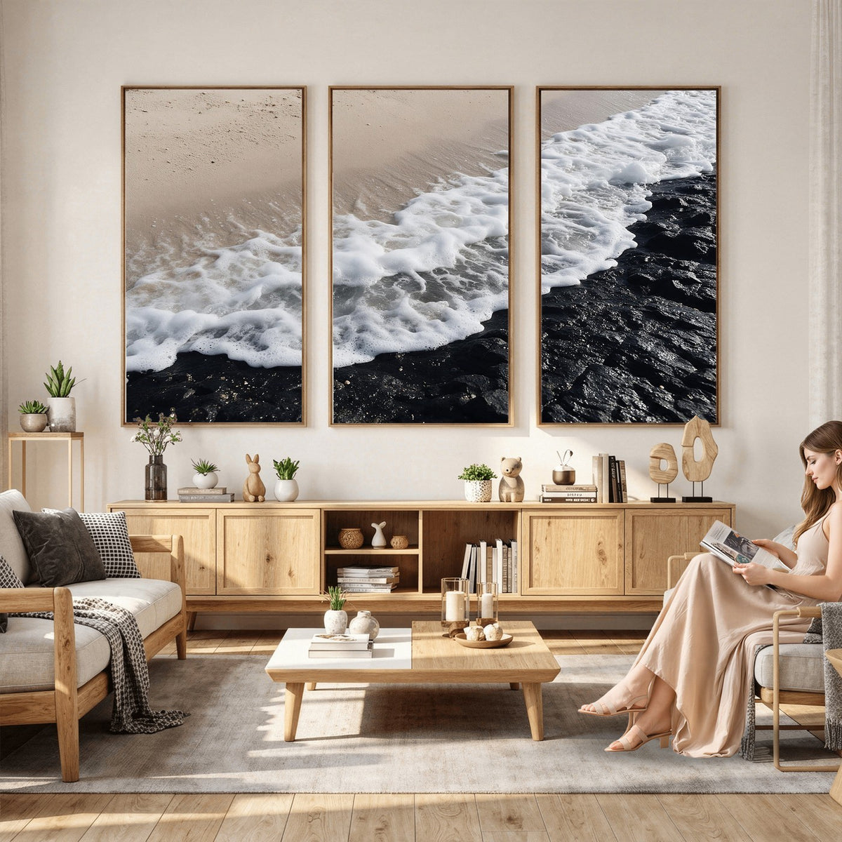 27448606-MGV-CV-24X16 - Ocean Wave Foam on Black Lava Rock Beach Canvas Wall Art Print