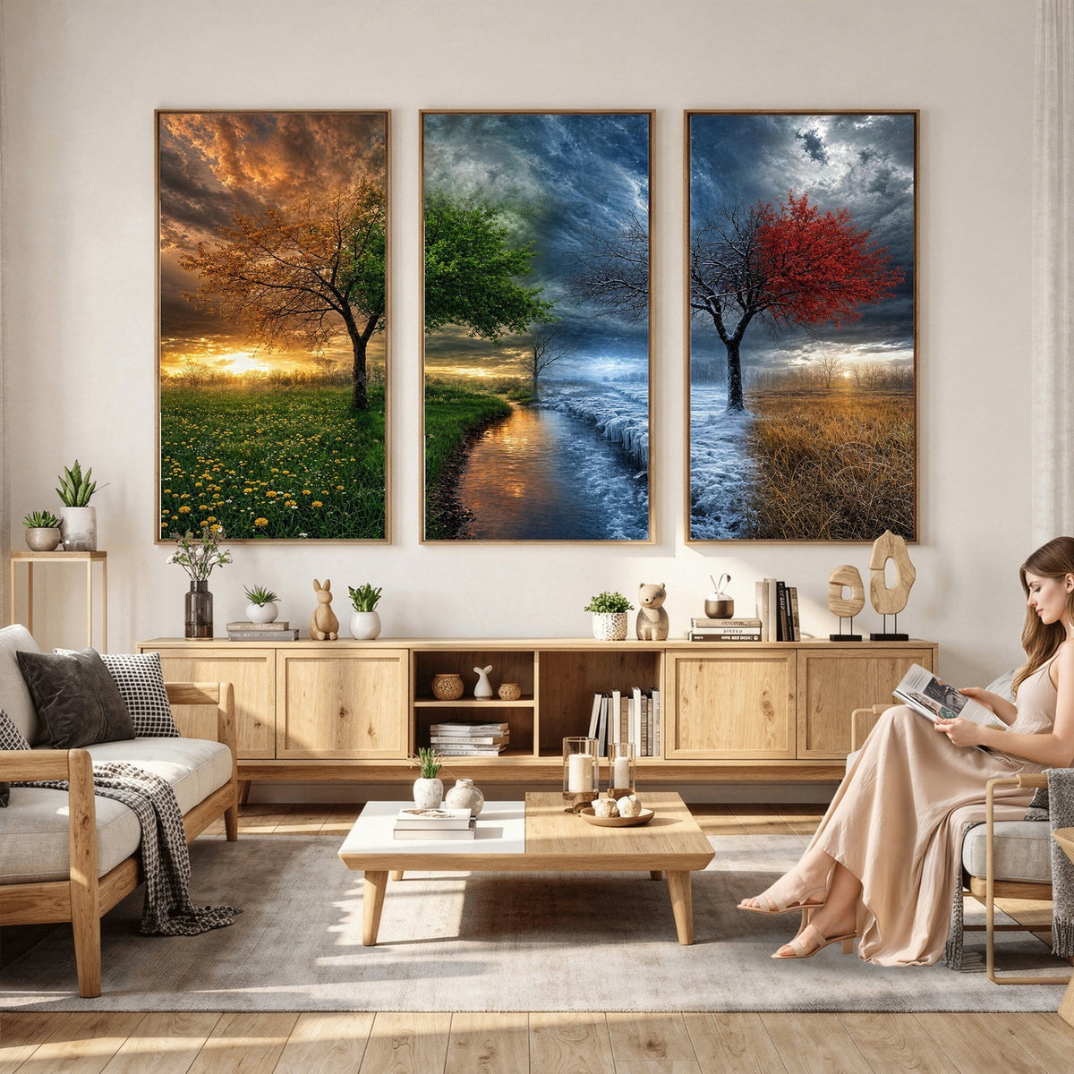 61895574-MGV-CV-24X16 - Four Seasons Tree Canvas Wall Art, Nature Landscape Canvas Print for Living Room