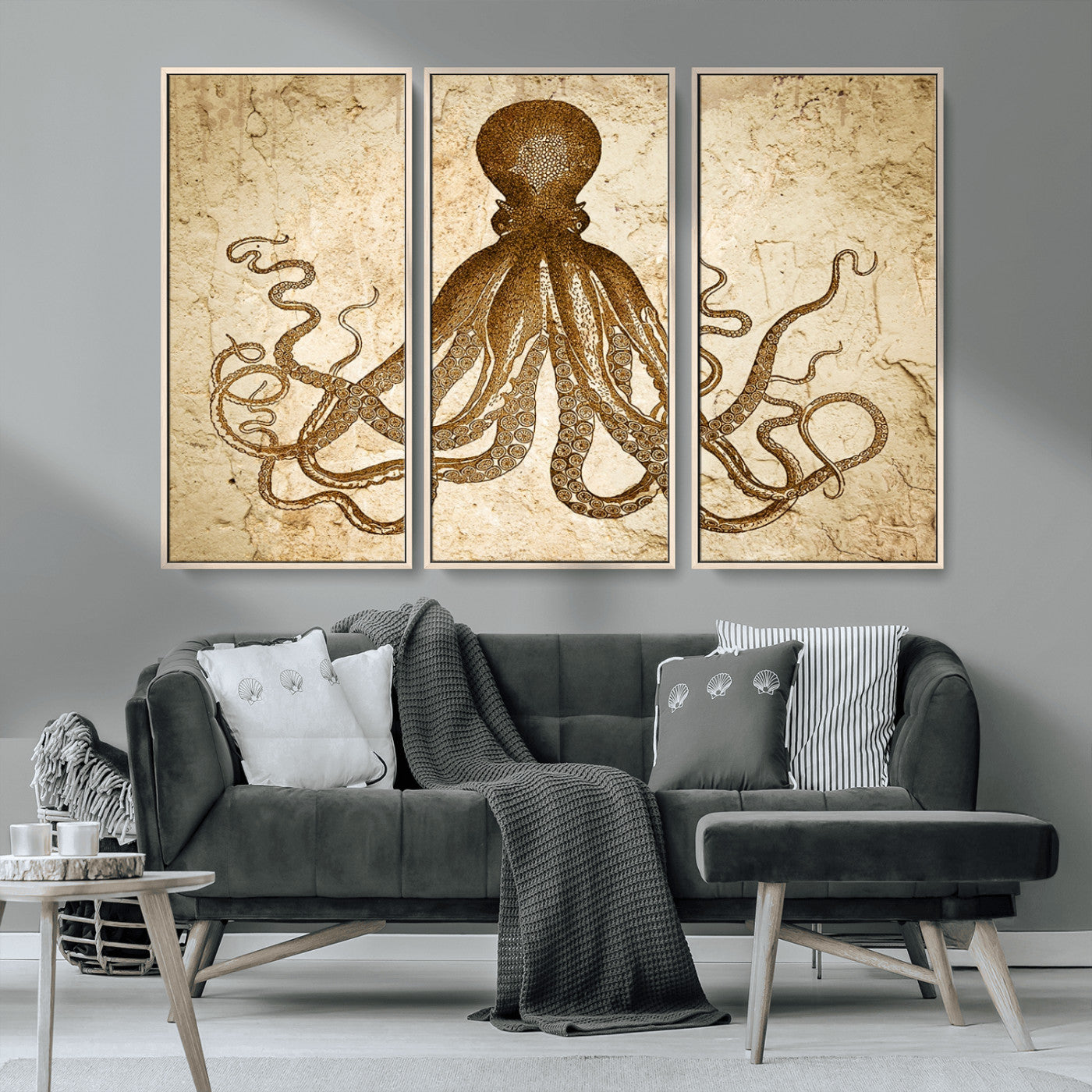 MGV-FC-48X32-3P - Sepia Octopus Wall Art Abstract Animal Canvas Print