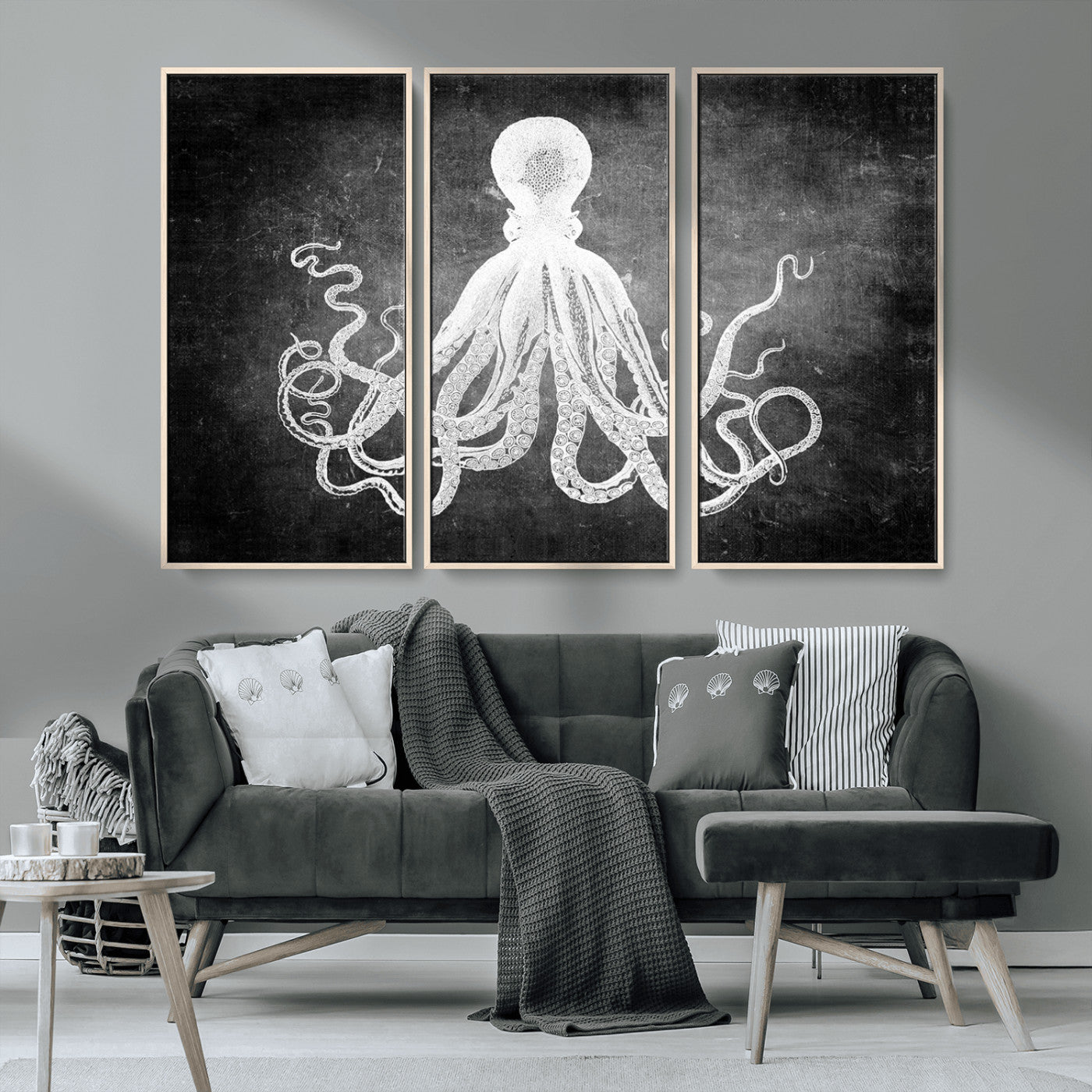 MGV-FC-48X32-3P - Black White Octopus Wall Art Canvas Print