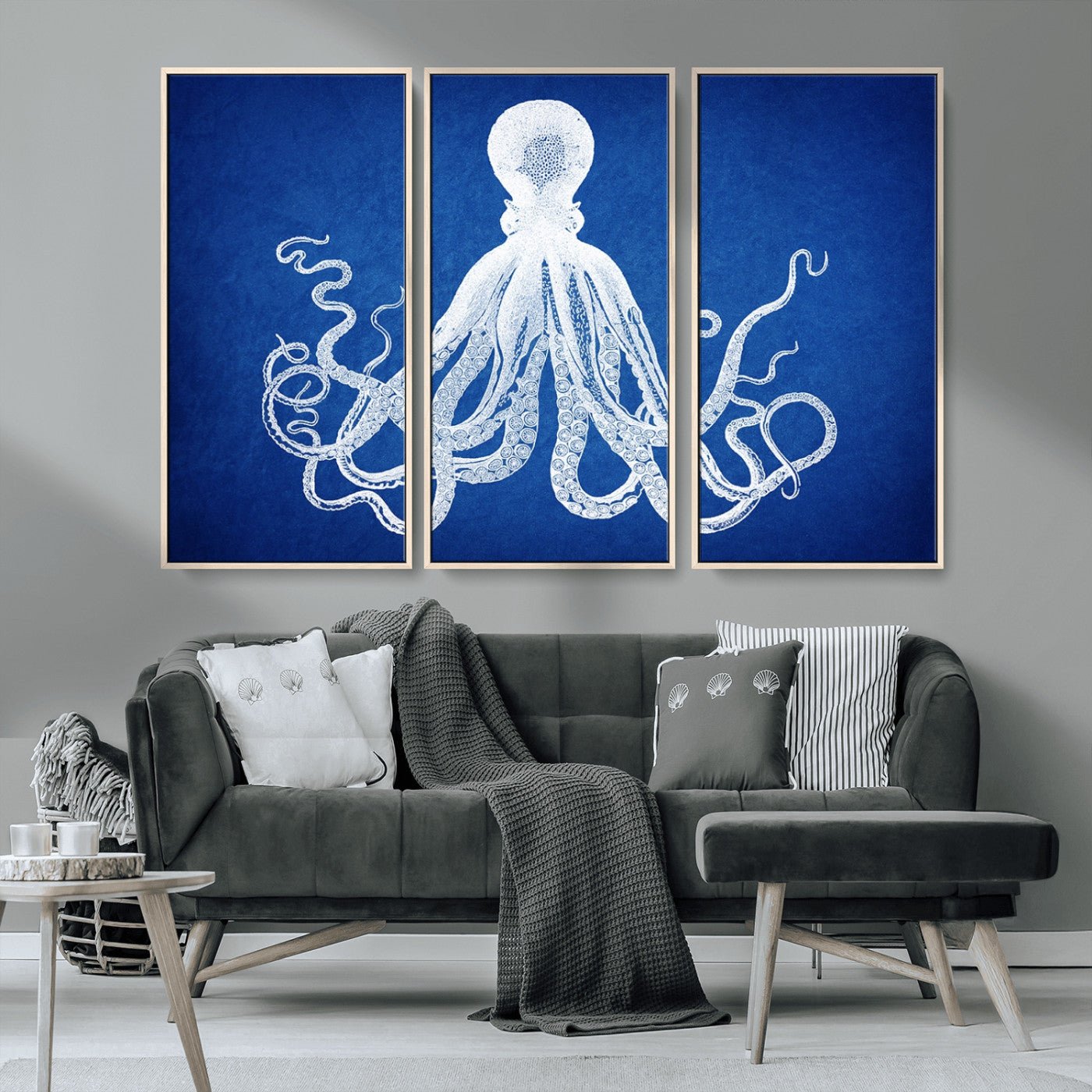 MGV-FC-48X32-3P - Large 3-Panel Blue Octopus Canvas Wall Art | Coastal Marine Life Artwork for Living Room, Bedroom,