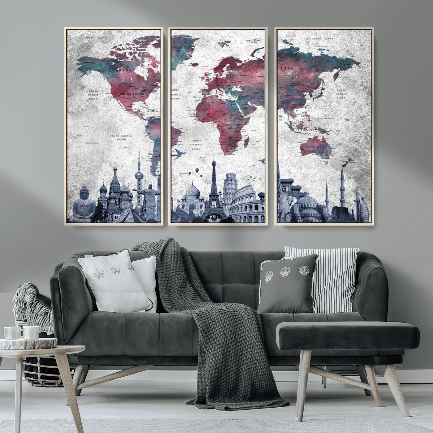 MGV-FC-48X32-3P - Push Pin World Map Canvas Print – Framed Wall Art for Couples to Track Their Travels – Anniversary