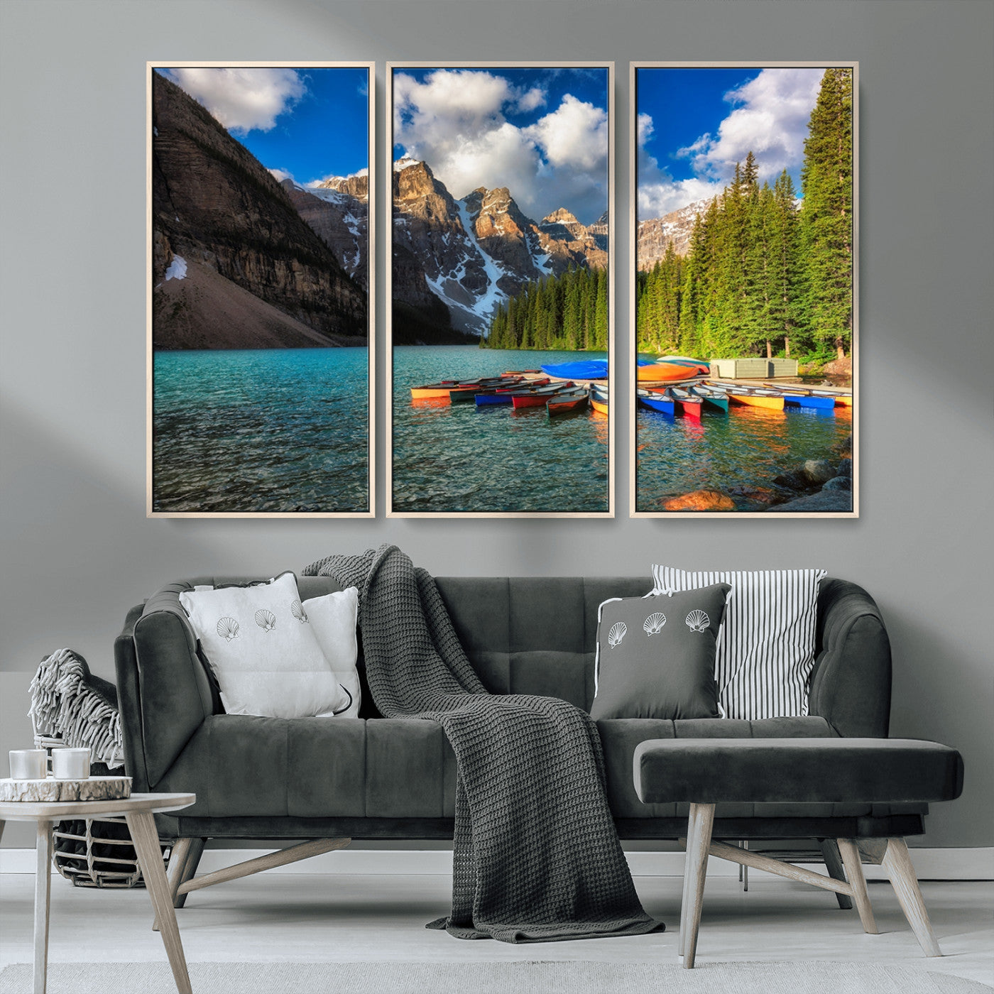 MGV-FC-48X32-3P - Moraine Lake 3-Panel Wall Art, Majestic Mountain and Lake Landscape Canvas Print Canoes on Moraine