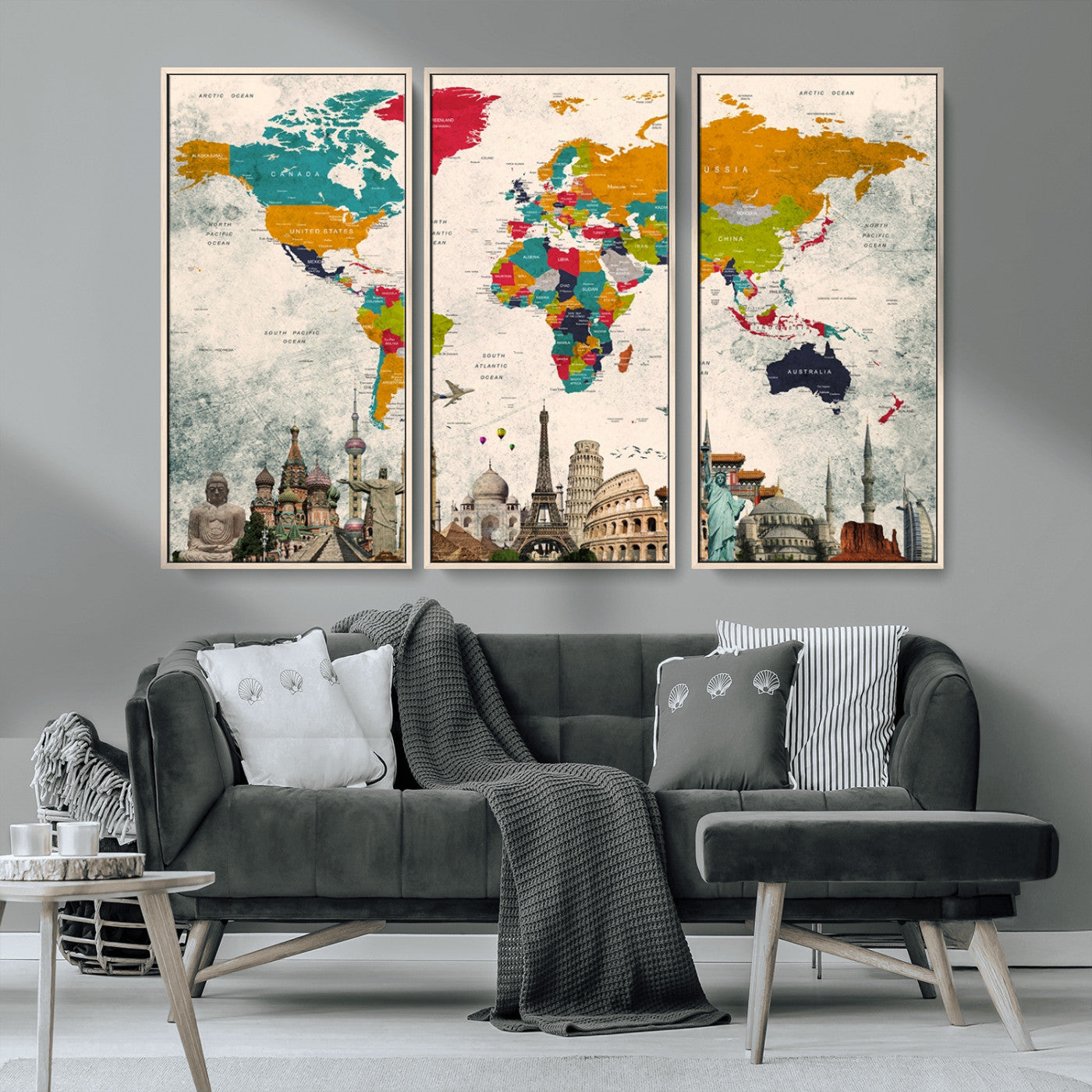 MGV-FC-48X32-3P - Push Pin World Map Canvas Print – Framed Wall Art for Couples to Track Their Travels – Anniversary