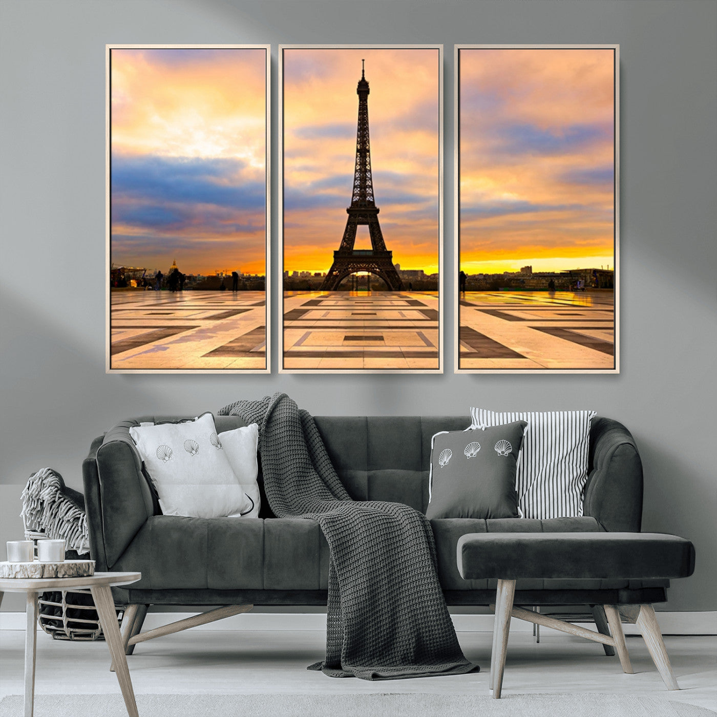 MGV-FC-48X32-3P - Paris Eiffel Tower Sunset Canvas Wall Art Print - Iconic Landmark Decor with Vibrant Colors