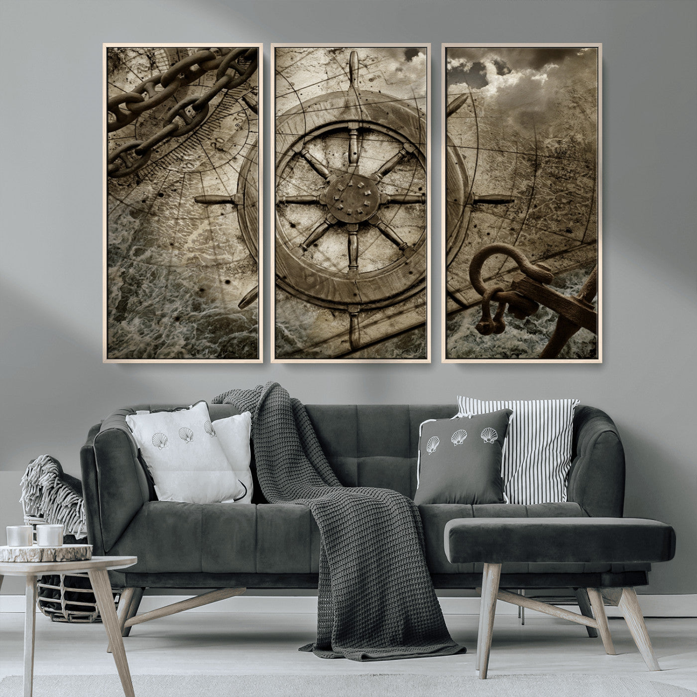 MGV-FC-48X32-3P - Wooden Ship Wheel Canvas Print, Multi Panel Canvas Wall Art Print