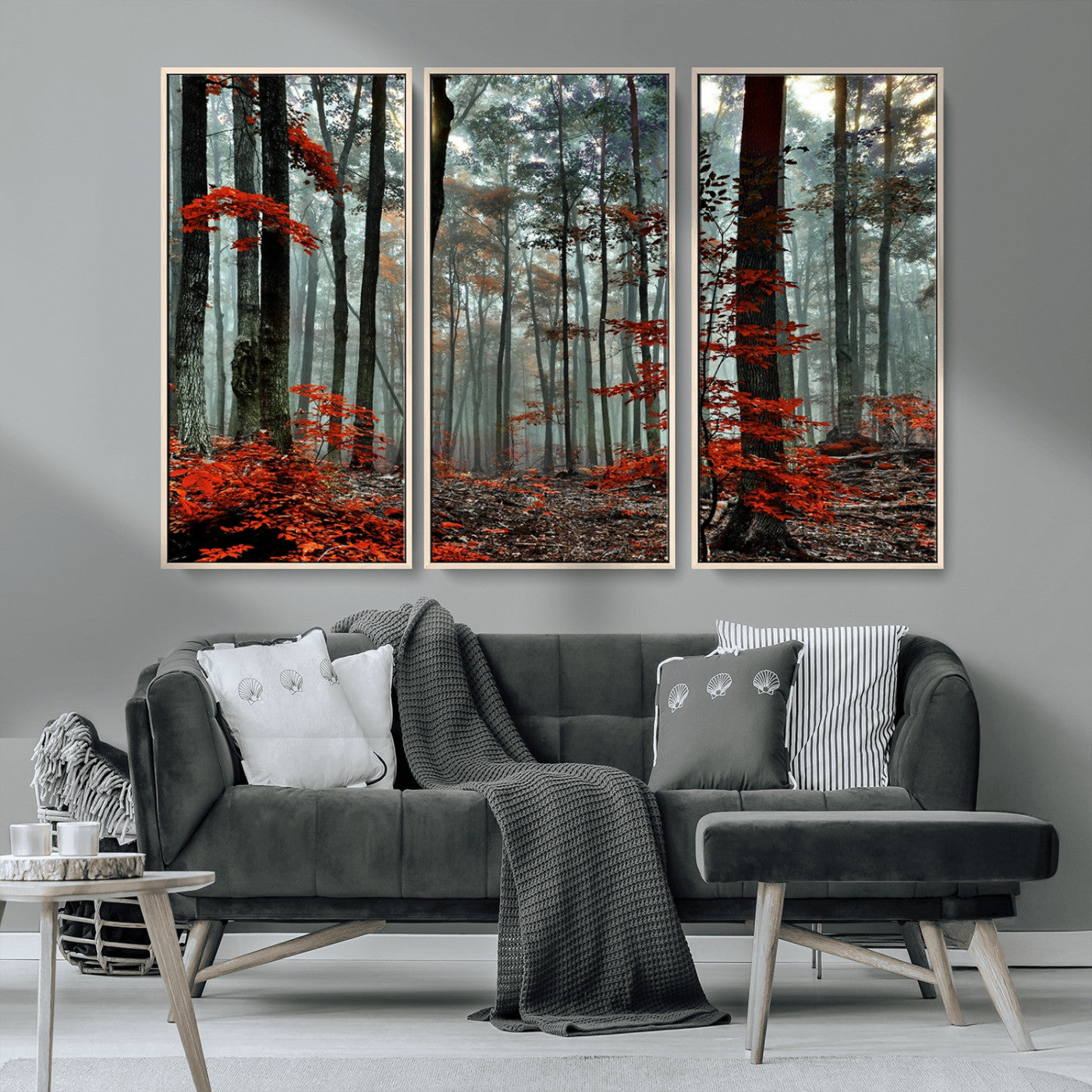 MGV-FC-48X32-3P - Autumn Forest Canvas Wall Art – Enchanting Red Leaves Triptych Print – Nature-Inspired Decor for