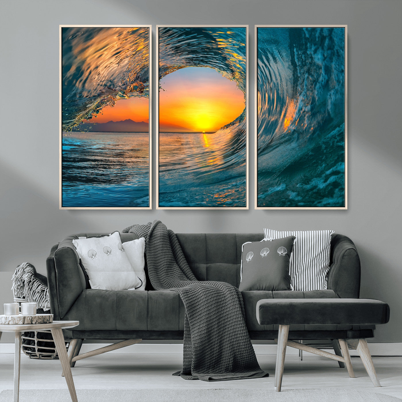 MGV-FC-48X32-3P - Ocean Wave Sunset Wall Art | Large Coastal Wave Canvas Print | 3-Panel Ocean Sunset Seascape for