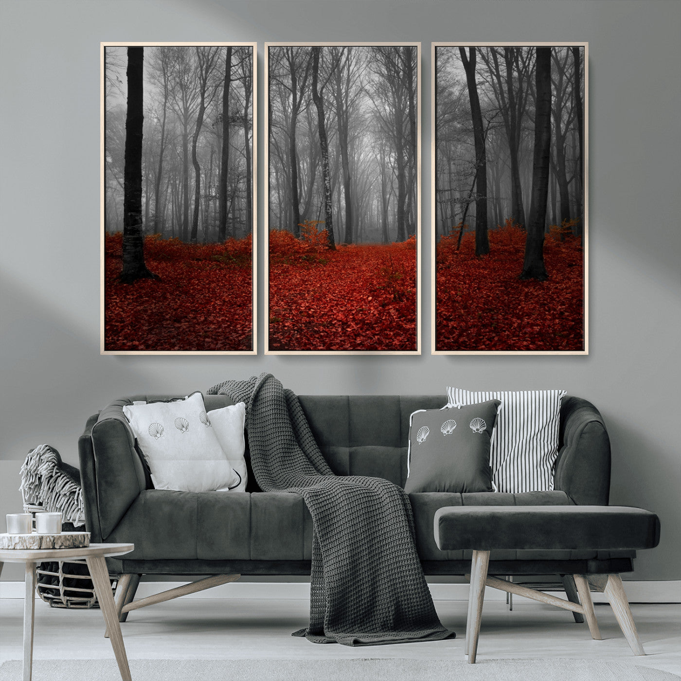 MGV-FC-48X32-3P - Red Forest Floor Canvas Wall Art – Mystical Foggy Woodland Triptych – Nature-Inspired Decor for
