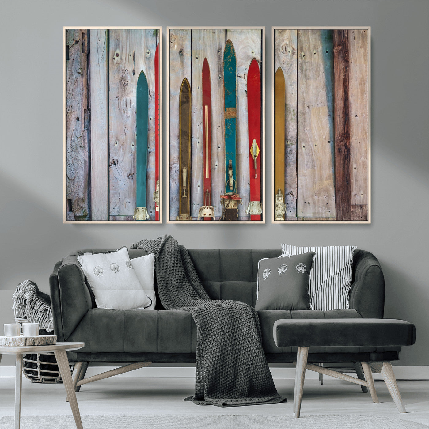 MGV-FC-48X32-3P - Vintage Wooden Weathered Ski's in Front of an Old Barn Wall Art Canvas Print for Farmhouse, Cabin