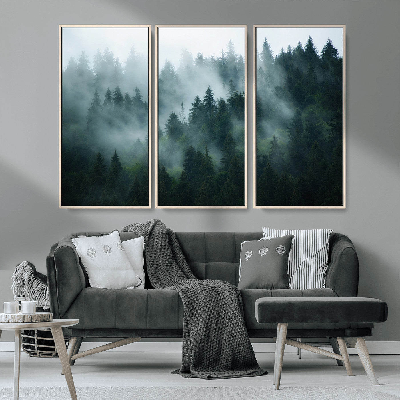 MGV-FC-48X32-3P - Foggy Forest 3-Panel Canvas Wall Art | Large Giclée Nature Scene Print for Living Room, Office, or
