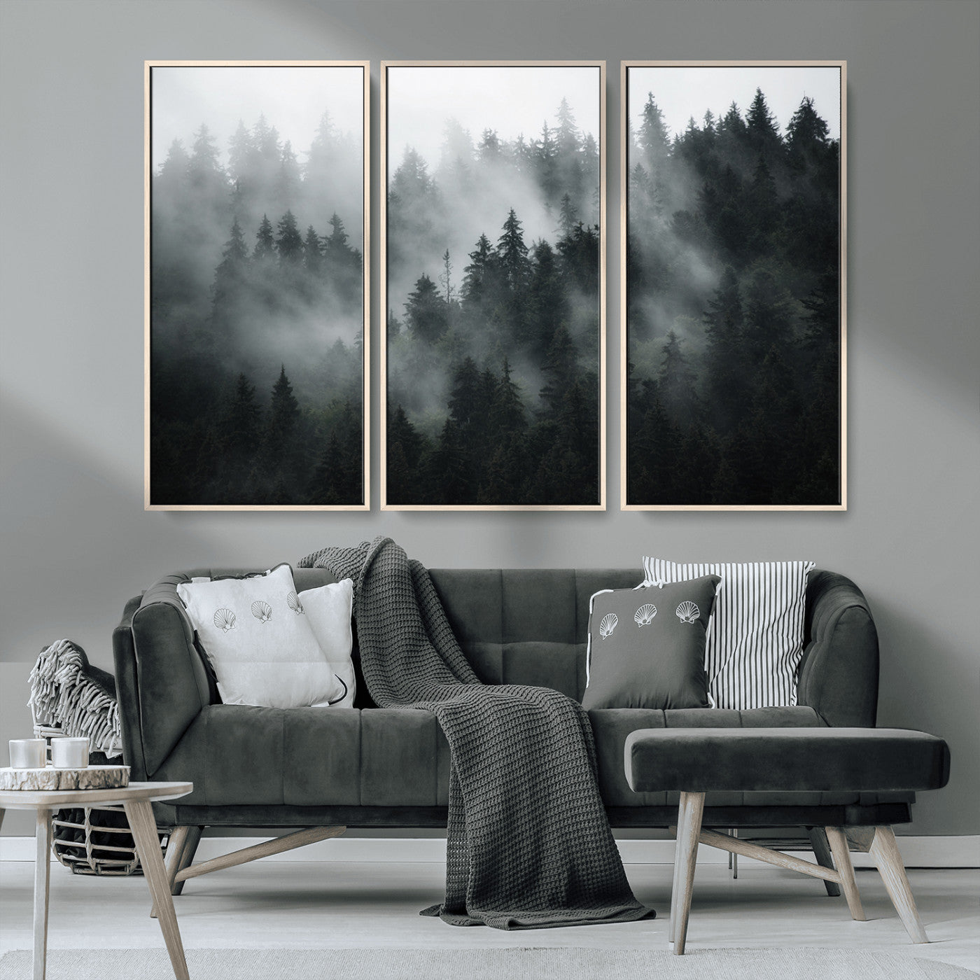 MGV-FC-48X32-3P - Foggy Forest Wall Art Canvas Print | 3 Panel Large Misty Landscape for Dining Room, Office, or