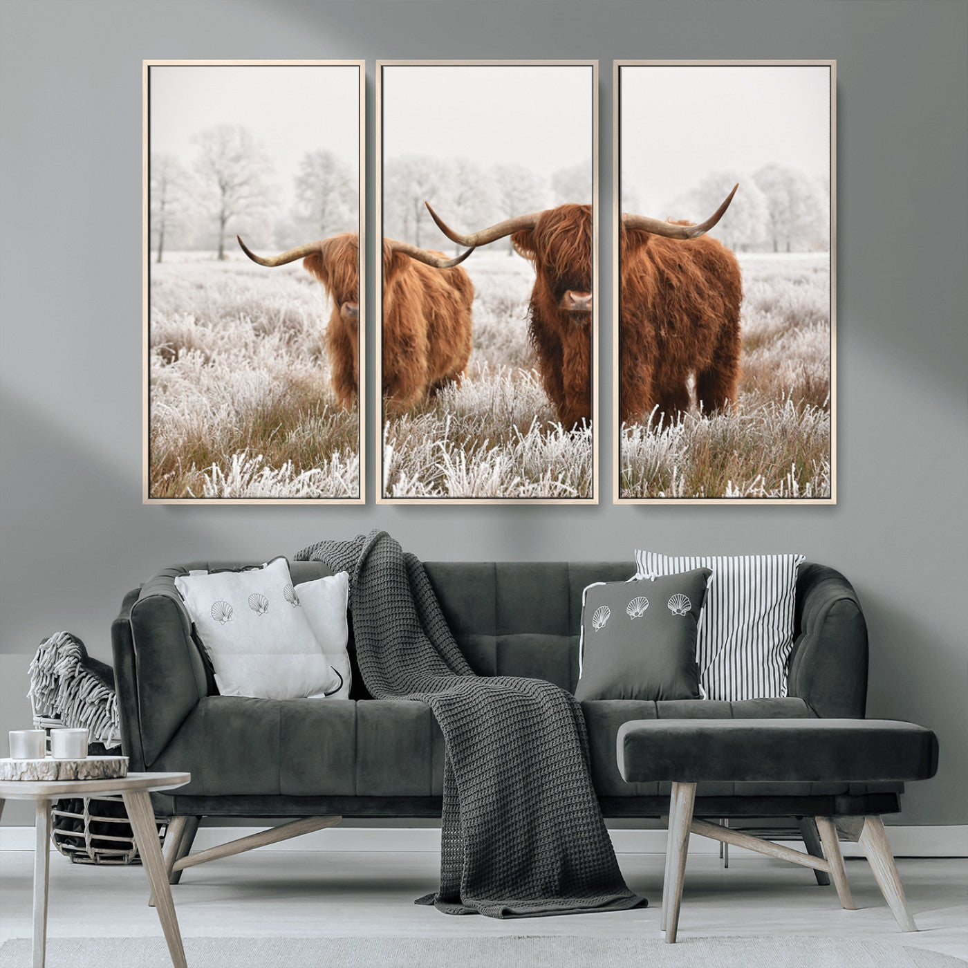 MGV-FC-48X32-3P - Longhorn Cattle Wall Art Canvas Print, Framed Farmhouse Style Art Picture Print, Rustic Cow Perfect Rustic Farmhouse Decor Artwork