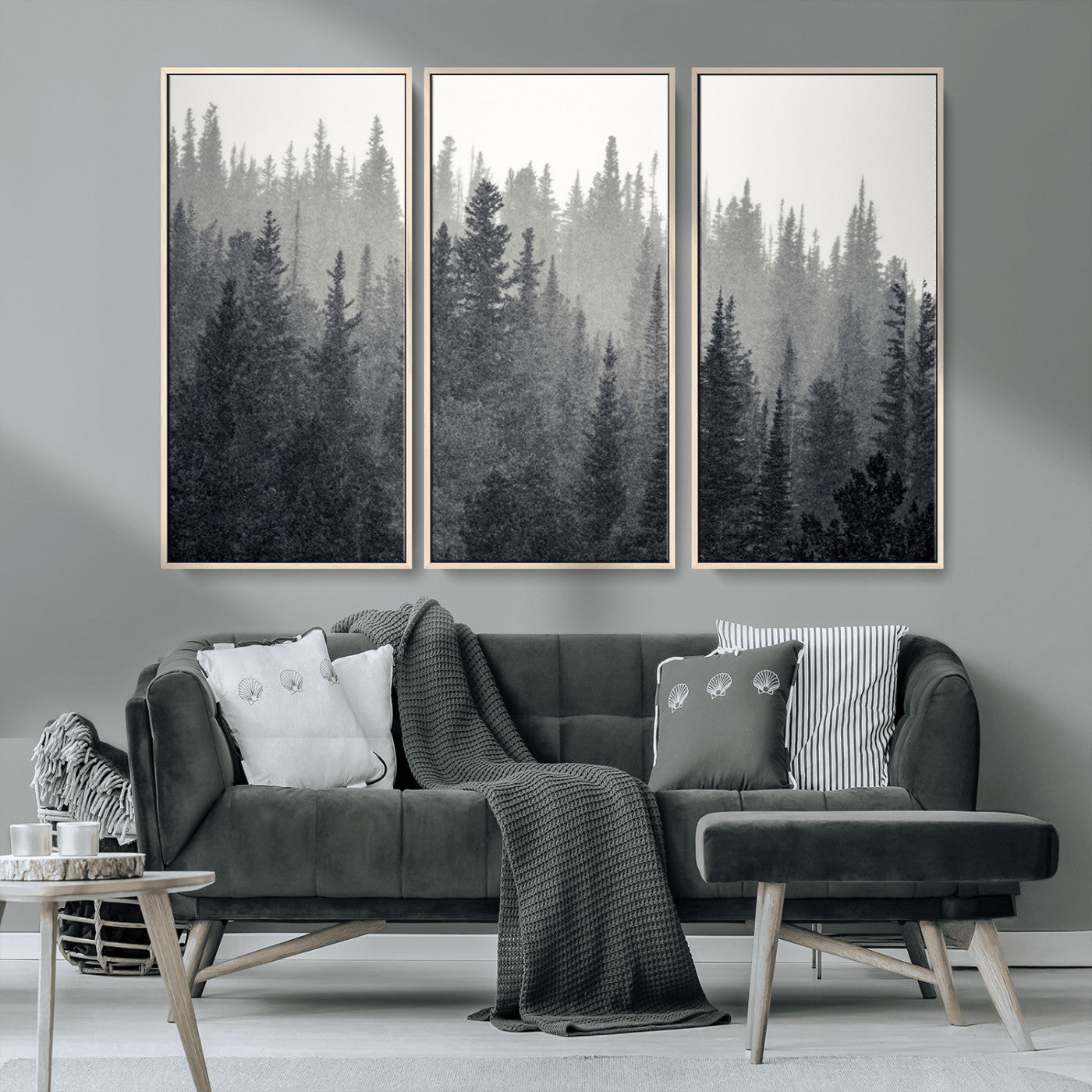 MGV-FC-48X32-3P - Misty Forest Canvas Wall Art – Monochrome Triptych Pine Tree Print – Nature-Inspired Home Decor –