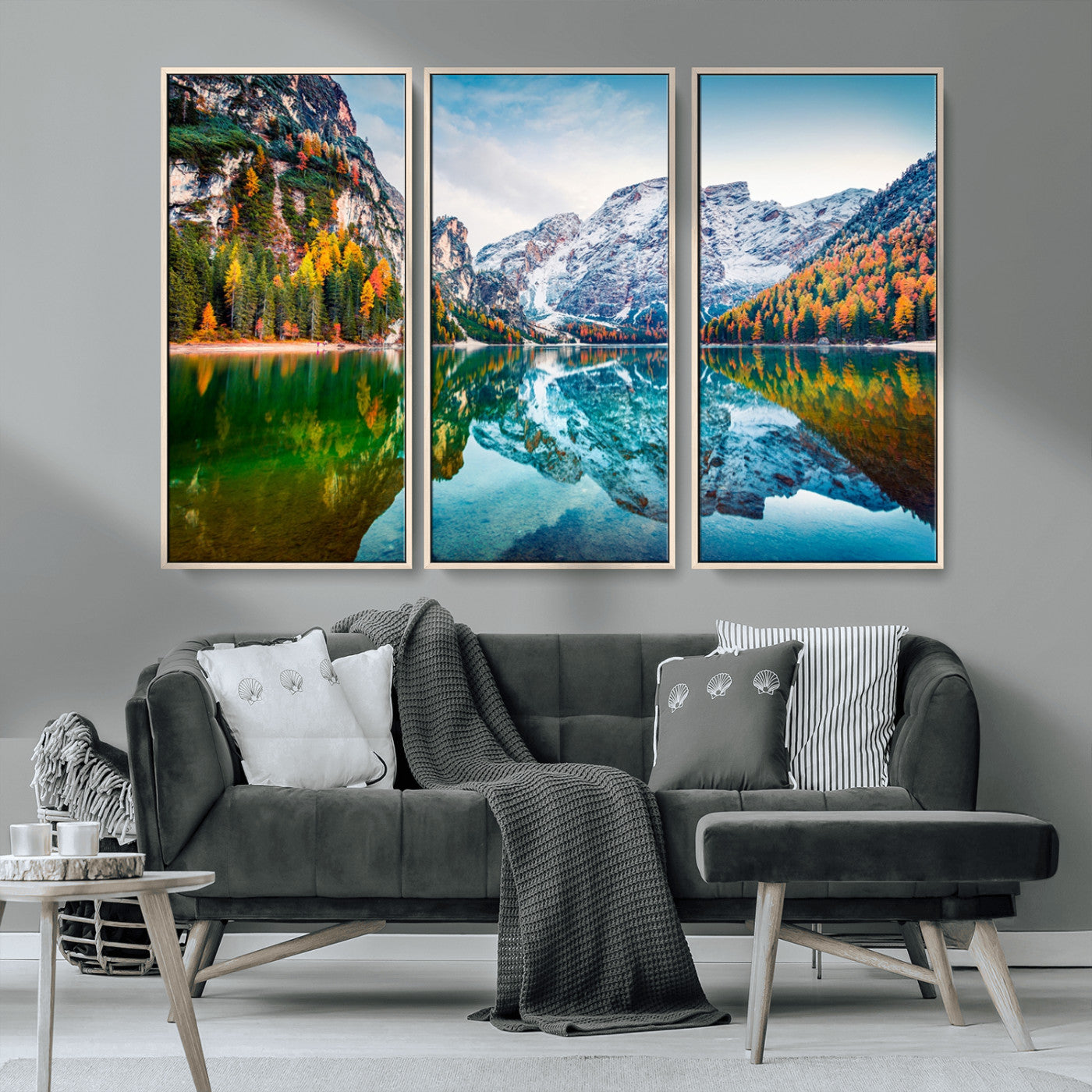 MGV-FC-48X32-3P - Spectacular autumn view of Braies Lake Wall Art Canvas Print