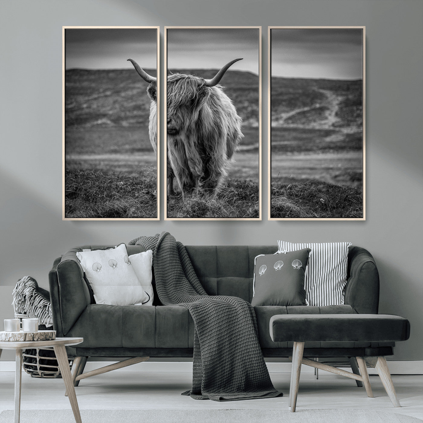 MGV-FC-48X32-3P - Fluffy Cattle Wall Art Print, Highland Cow Canvas, Framed Black and white Wall Art