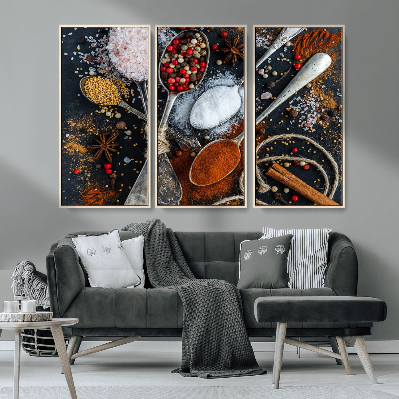MGV-FC-48X32-3P - Spices and Seasonings Canvas Wall Art – Colorful Triptych Kitchen Decor – Culinary Art for Dining