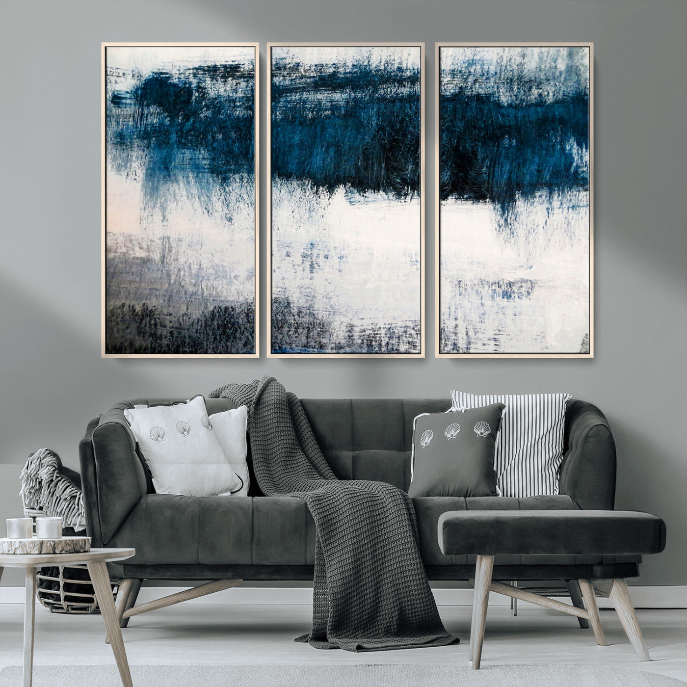 MGV-FC-48X32-3P - Abstract Blue and White Canvas Art | Large Wall Art for Modern Living Room Decor | Minimalist