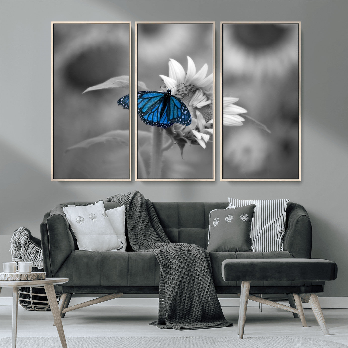 MGV-FC-48X32-3P - Blue Butterfly Black and White Canvas Wall Art