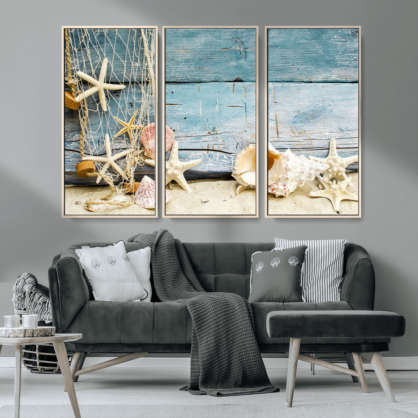 MGV-FC-48X32-3P - Seashells on Rustic Wooden Background, Seashells Wall Art Canvas Print